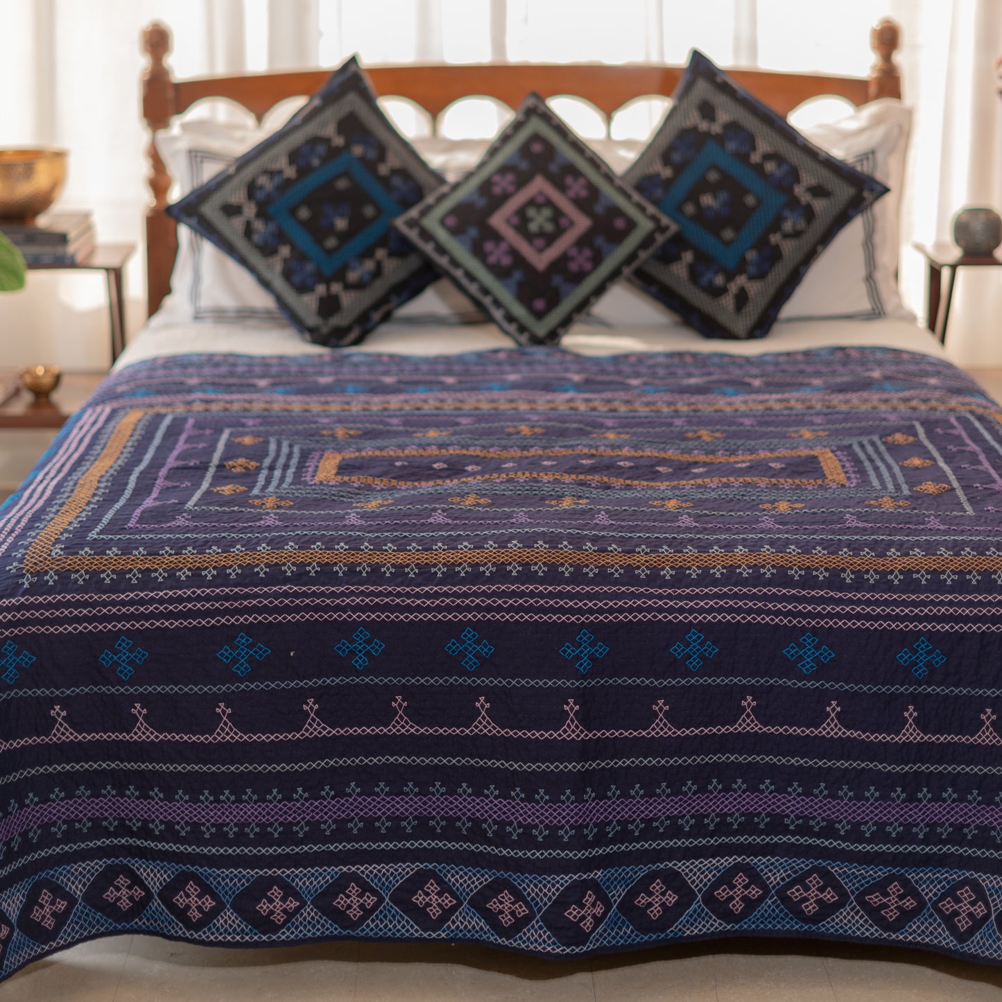 Navy Blue Sage Twin Ralli Quilt – Saami Tradition • Hand- Embroidered • Pure Cotton
