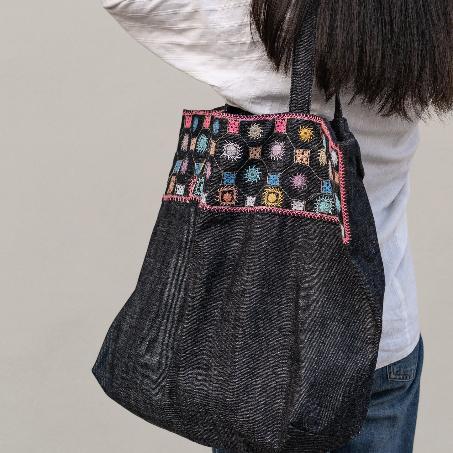 Hand-Embroidered Denim Tote Bag with Sindhi Craft Motifs