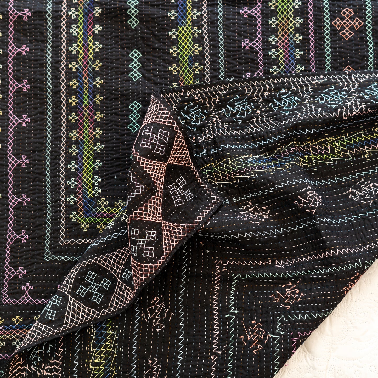 Black Sage Twin Ralli Quilt – Saami Tradition • Hand- Embroidered • Pure Cotton