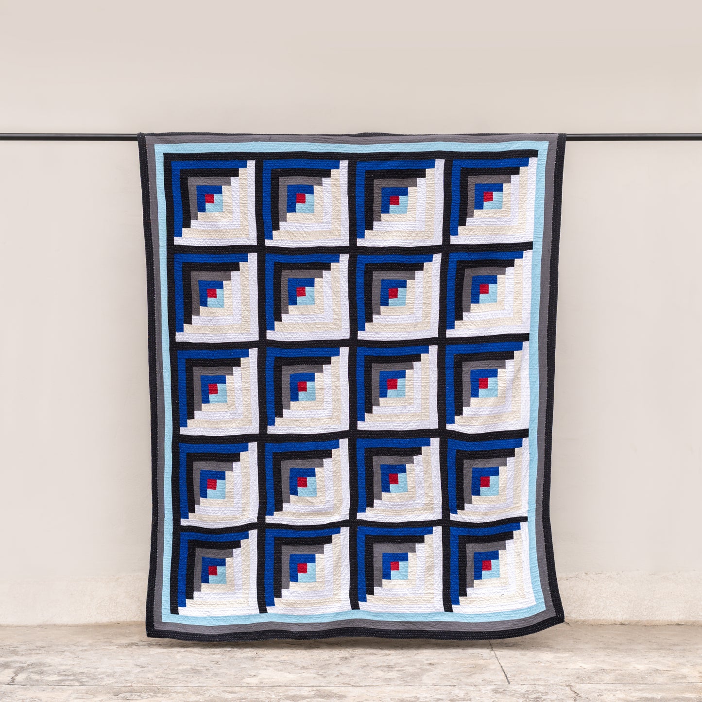 Indigo Cobalt Blue Log Cabin Reversible Handmade Patchwork Sindhi Ralli Quilt– Handmade • Pure Cotton • Heritage Craft from Sindh