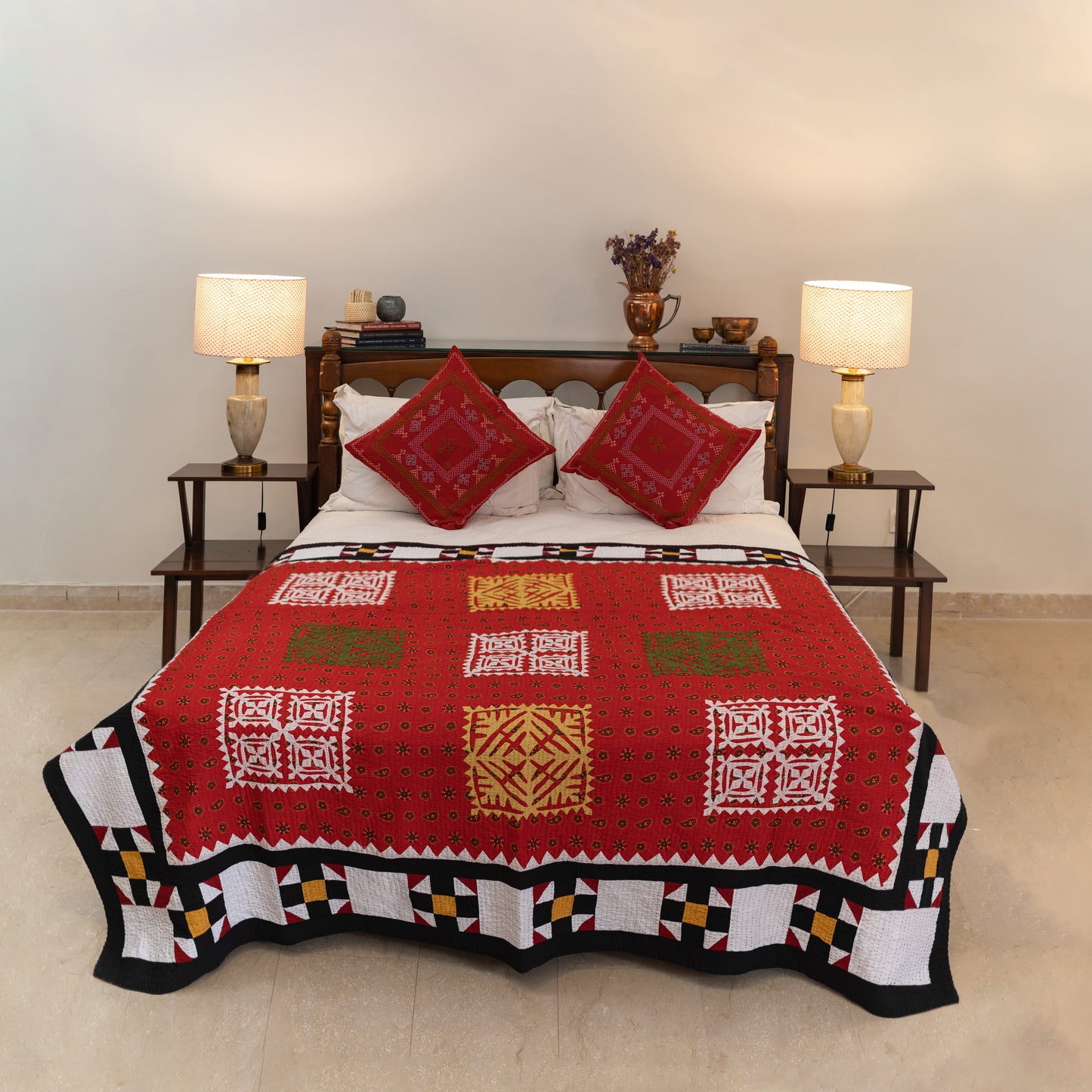 Red Heritage Medallion Reversible Handmade Appliqué Sindhi Ralli Quilt