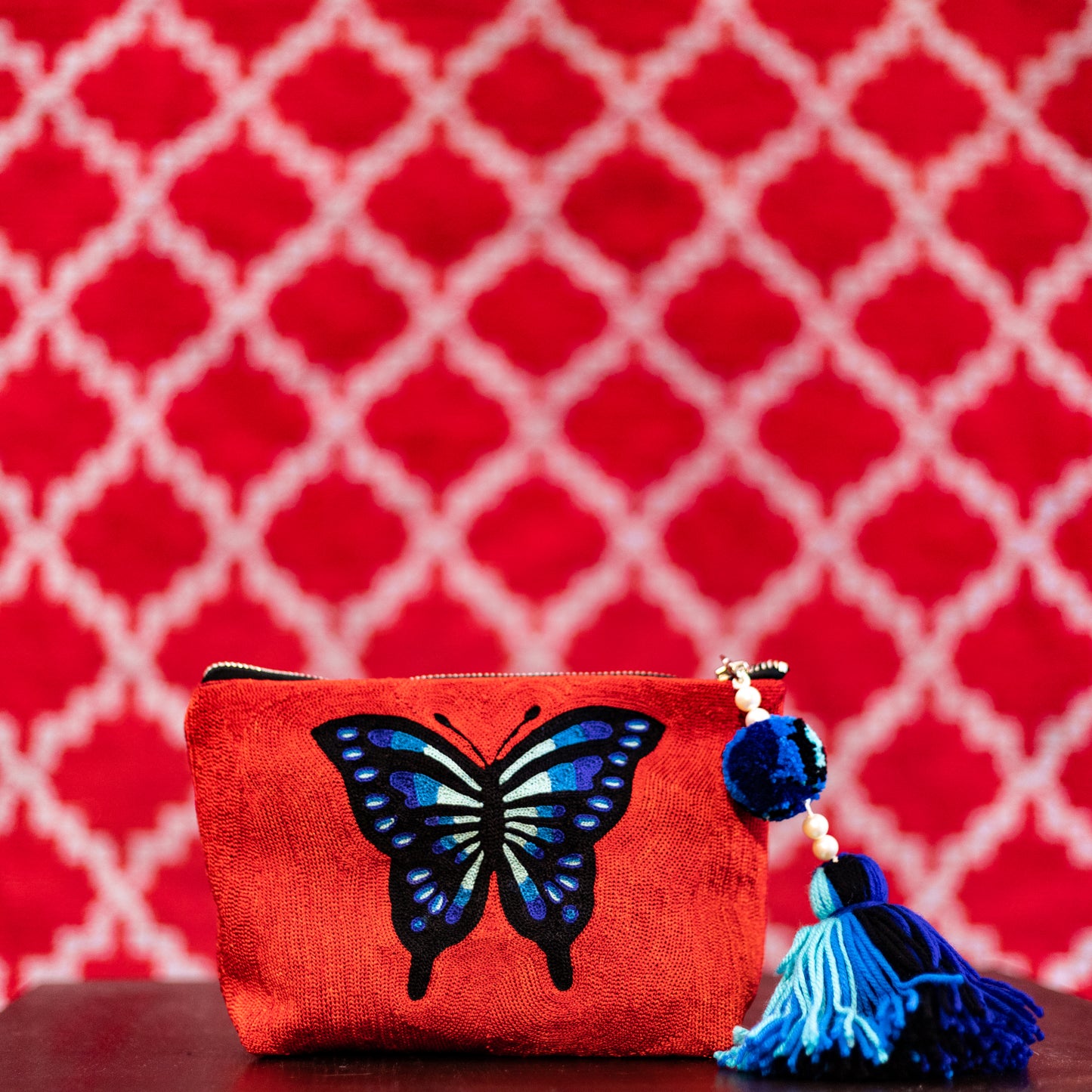 Butterfly Charm Embroidered Zip Bag