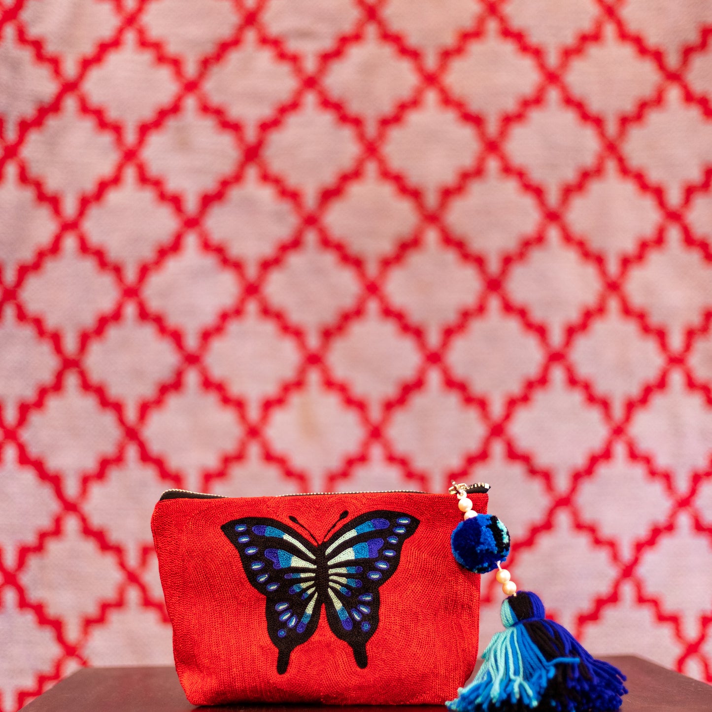 Butterfly Charm Embroidered Zip Bag