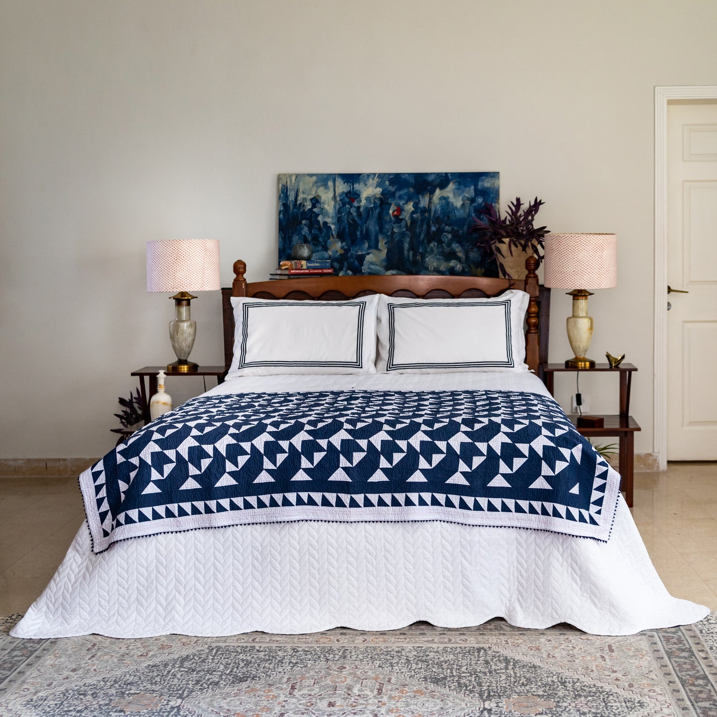 Navy Blue & White Sail Boat Rilli Throw (RC-021)