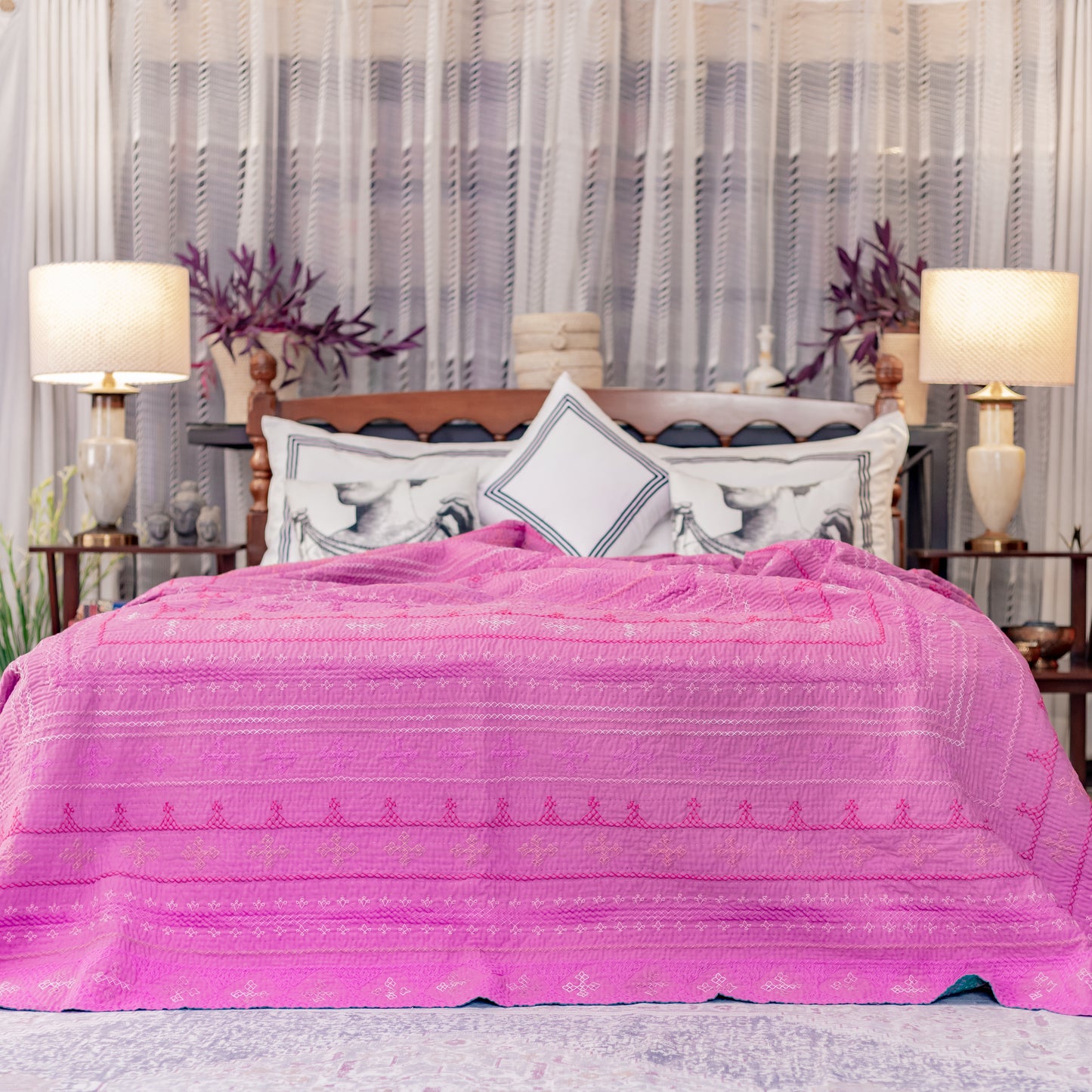 Two Tone Pink & Teal Sage Ralli Queen Size – Saami Tradition • Hand- Embroidered • Pure Cotton Luxury