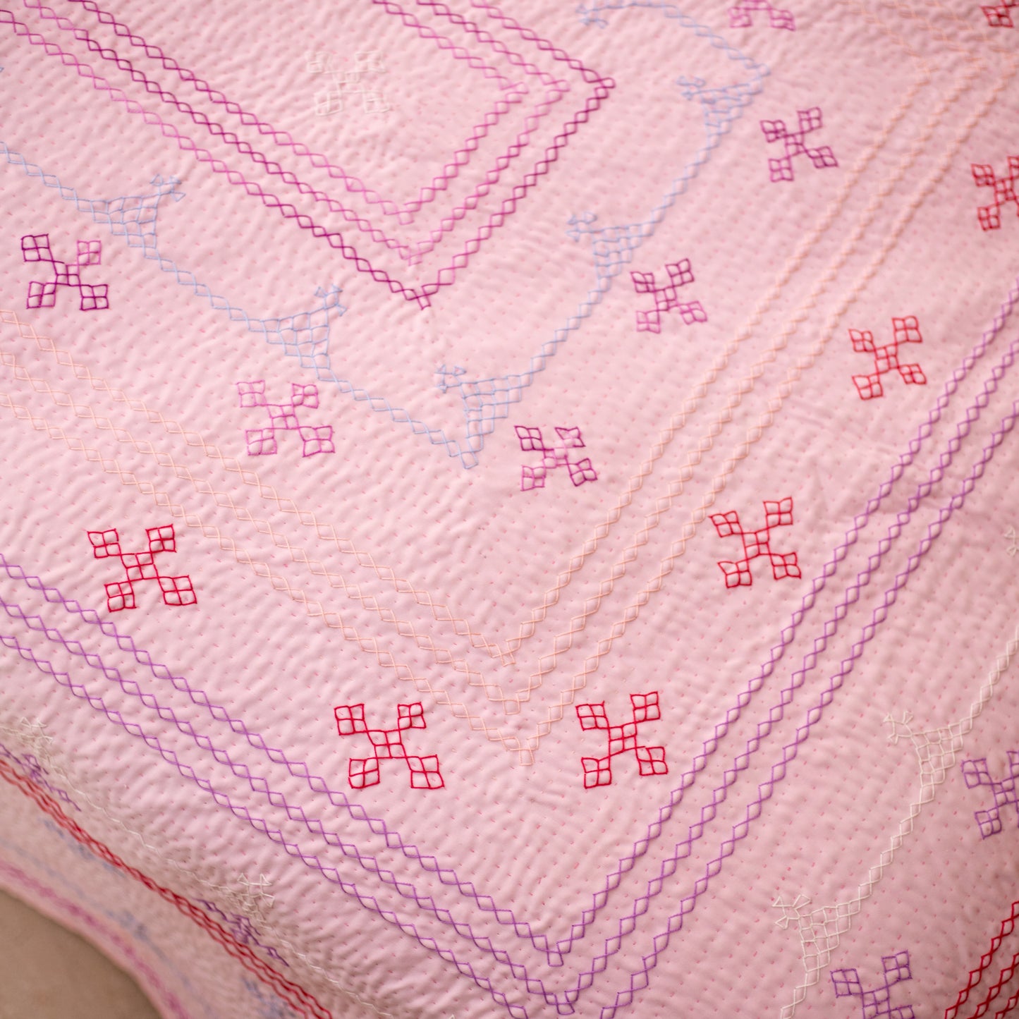 Blush Pink & Peach J Rilli Quilt Twin • Saami Tradition • Hand-Embroidered • Pure Cotton