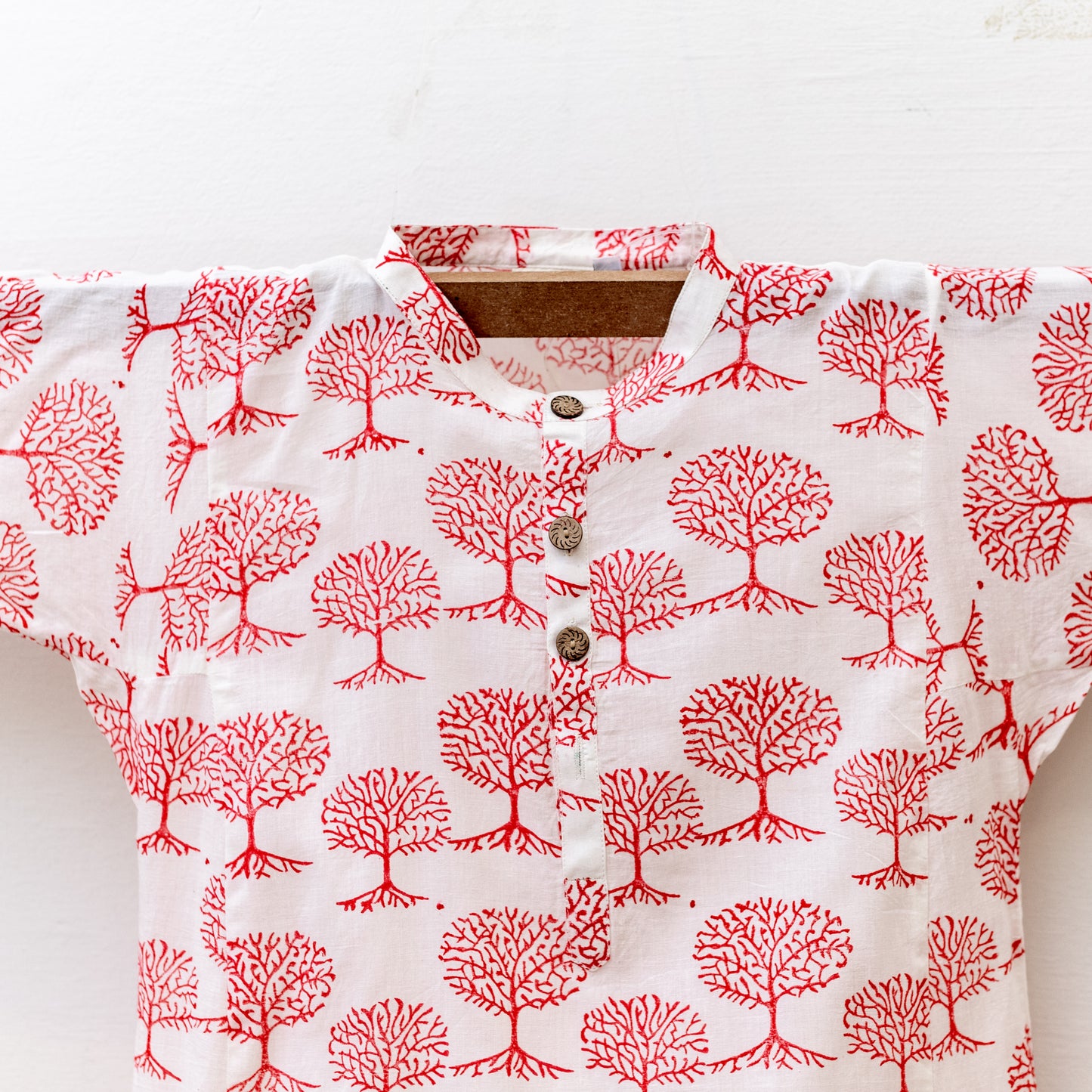 White Kurta with Red Tree of Life Motifs
