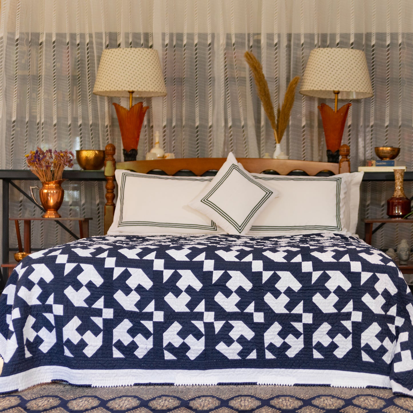 Navy & White Patchwork Rilli | Single Size