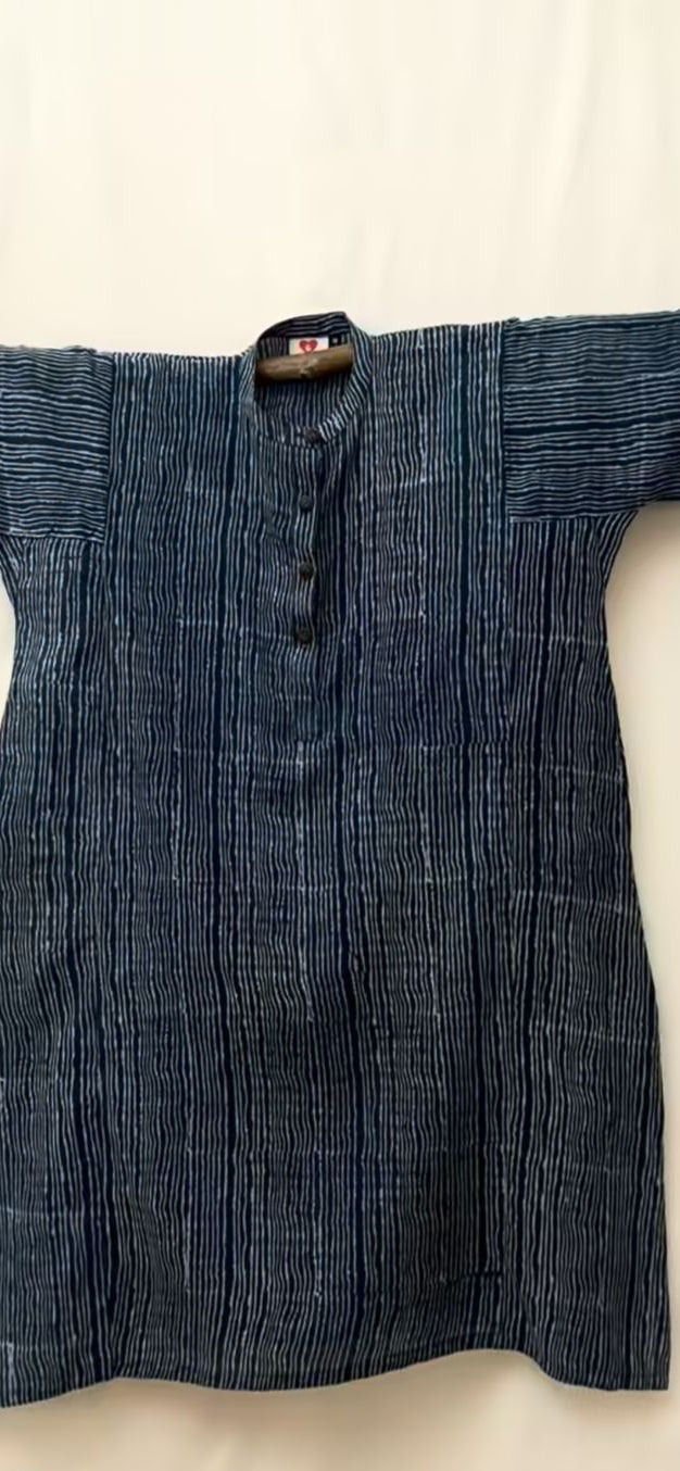 Indigo Pin Stripe Hand Block Print Kurta