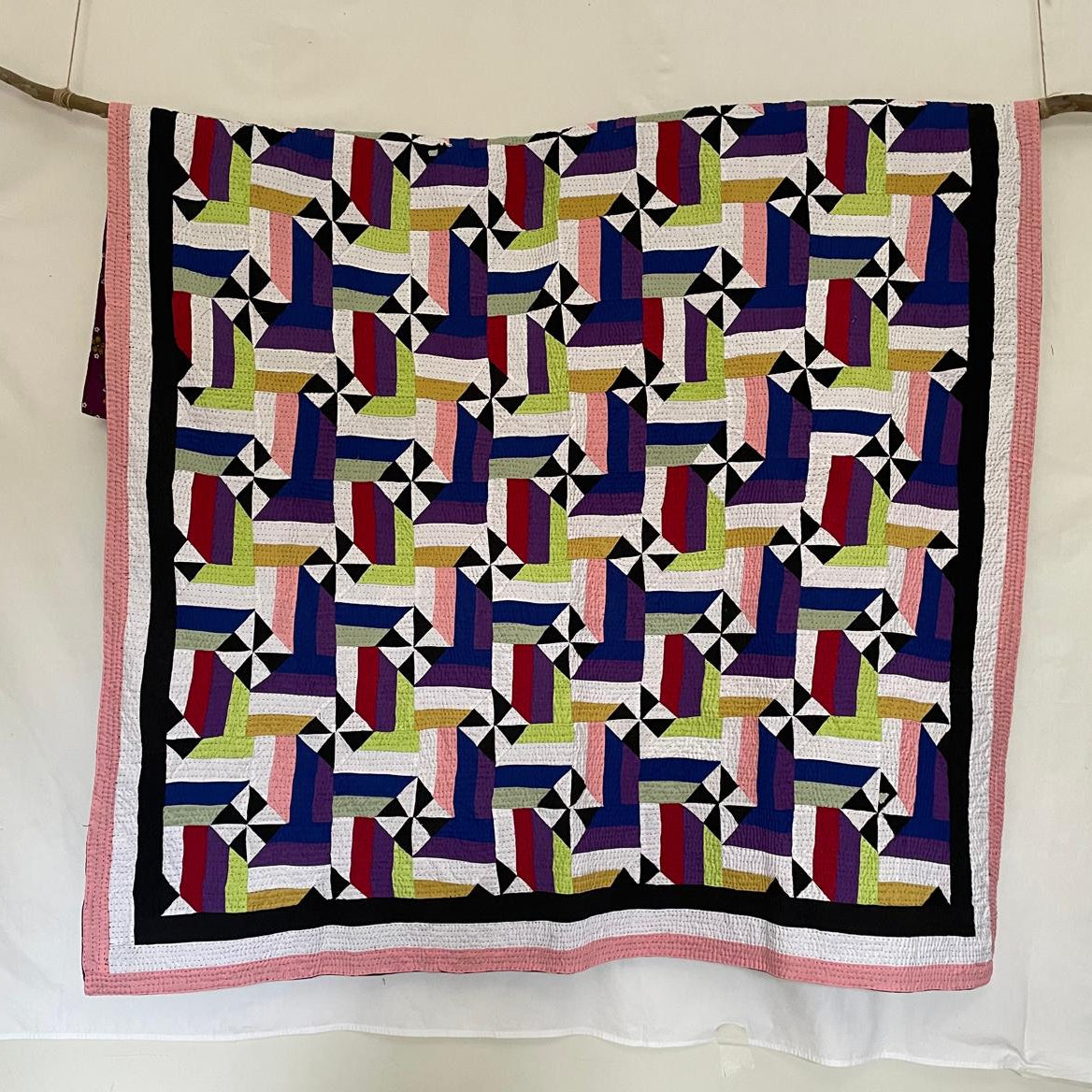Interlocking Citrus Pinwheel & Ribbon Patchwork Sindhi Ralli Quilt