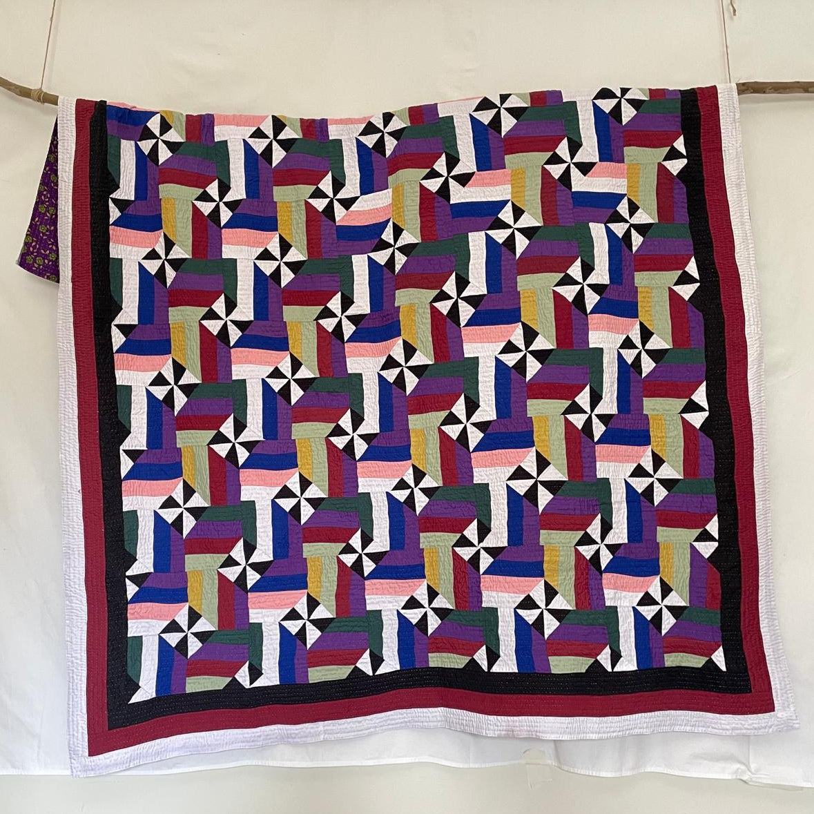 Interlocking Pinwheel & Ribbon Patchwork Sindhi Ralli Quilt