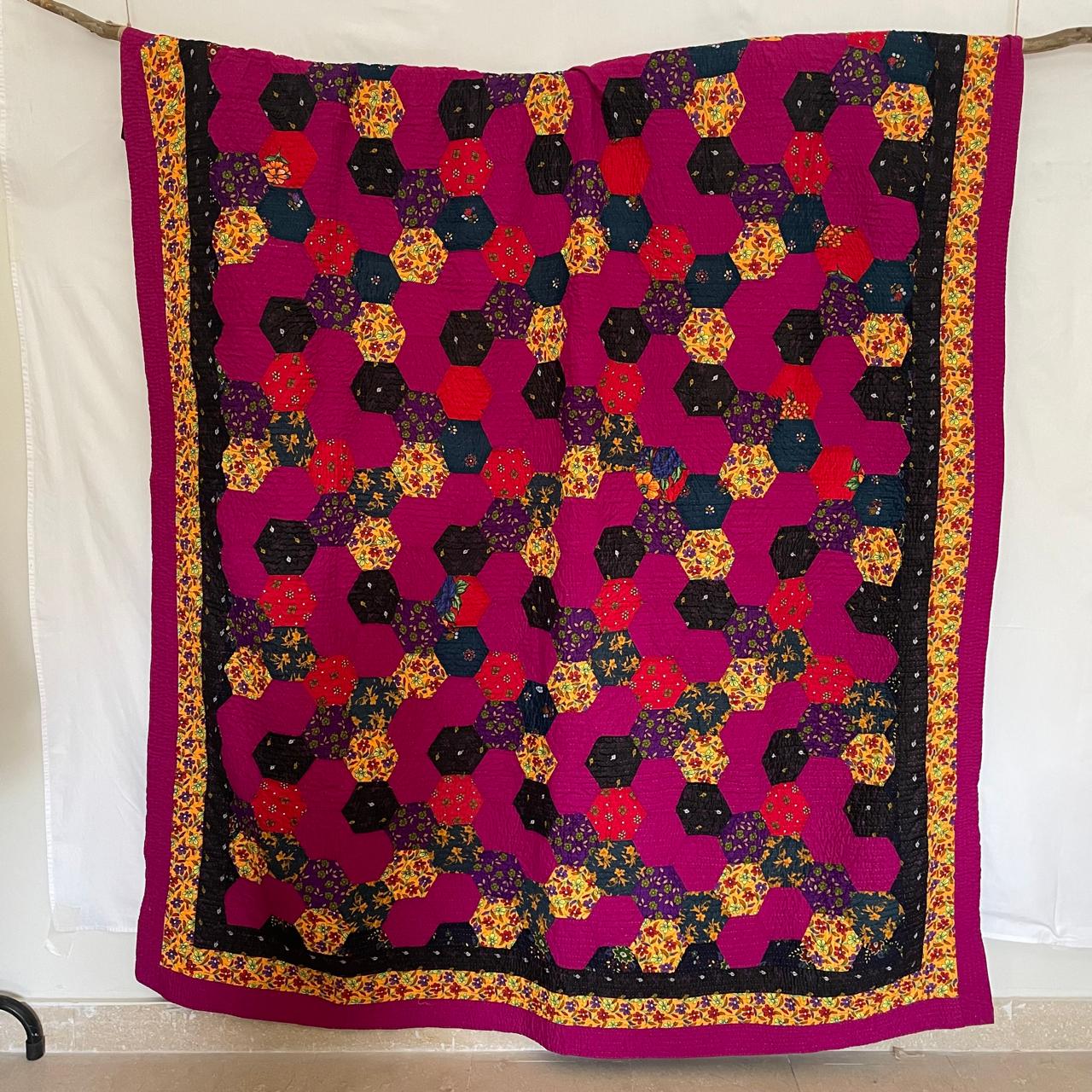Royal Magenta Hexagon Patchwork Sindhi Ralli Quilt