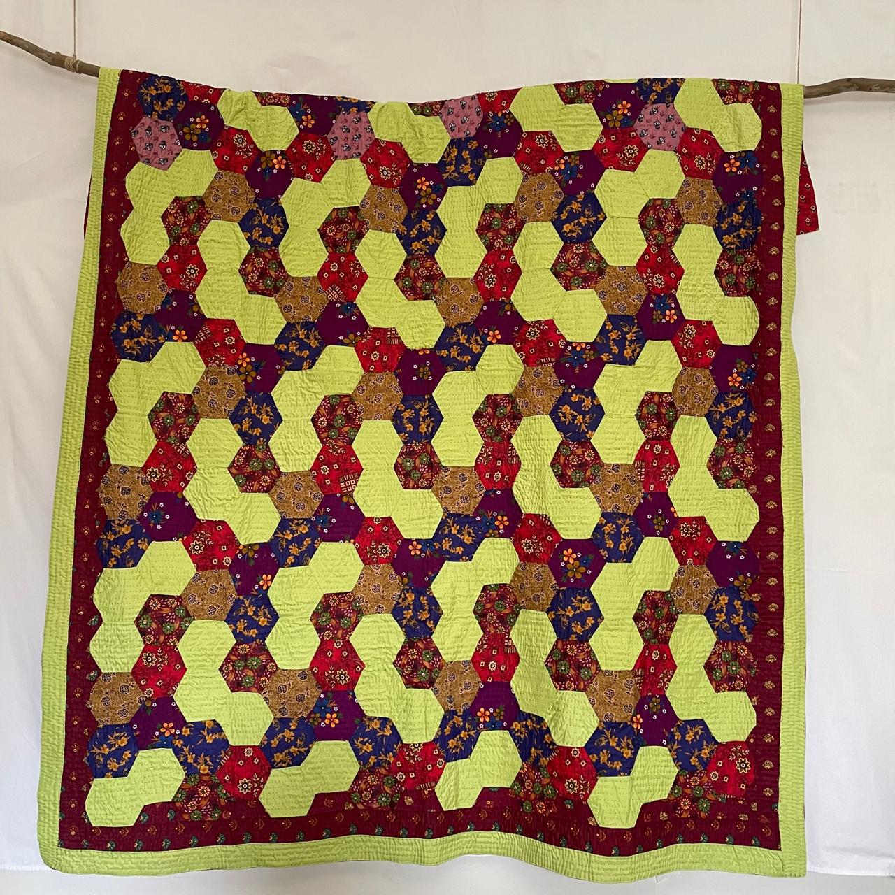 Lime Citrus & Burgundy Hexagon Patchwork Sindhi Ralli Quilt