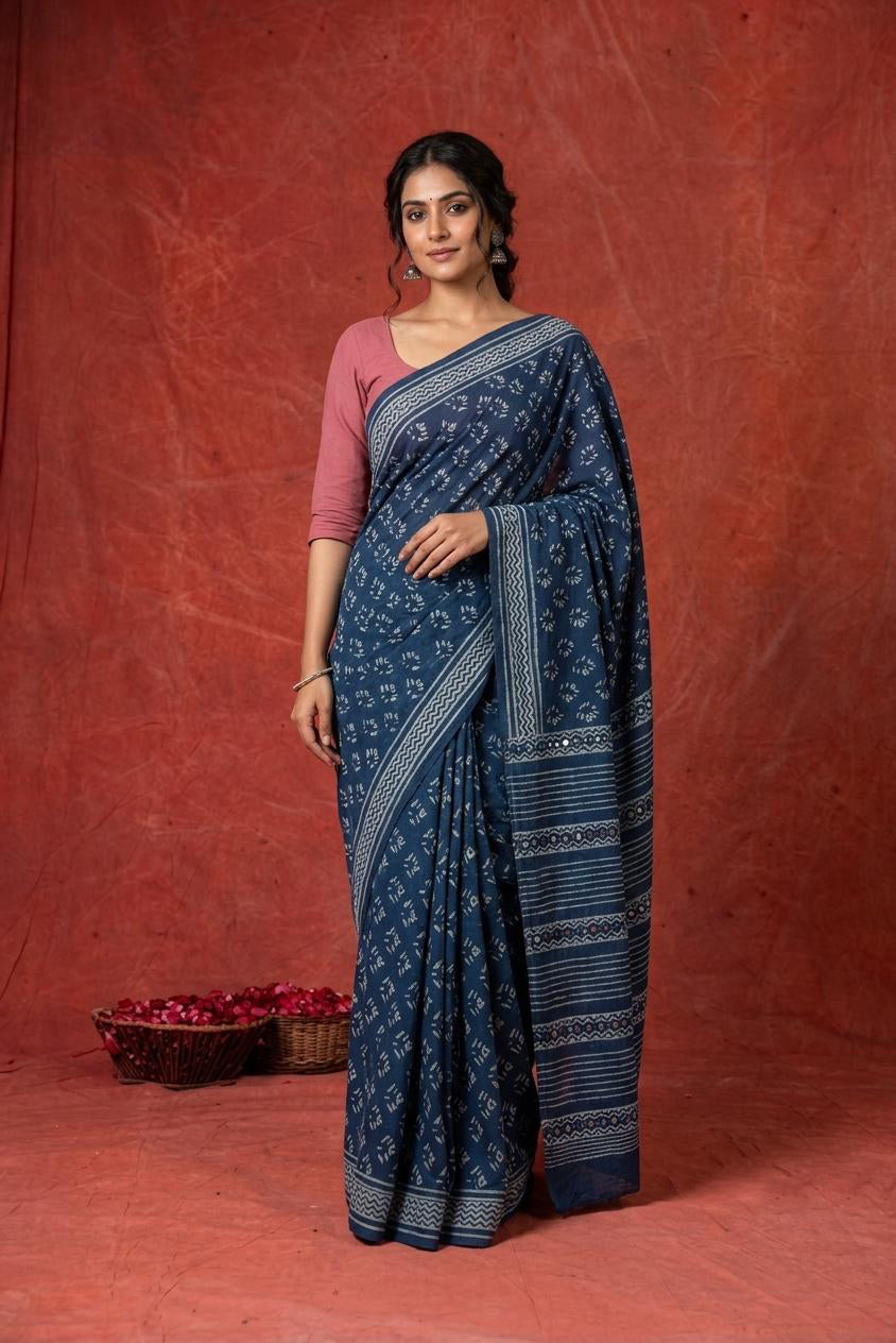 Indigo Lotus Mirror Heritage Block Print Saree