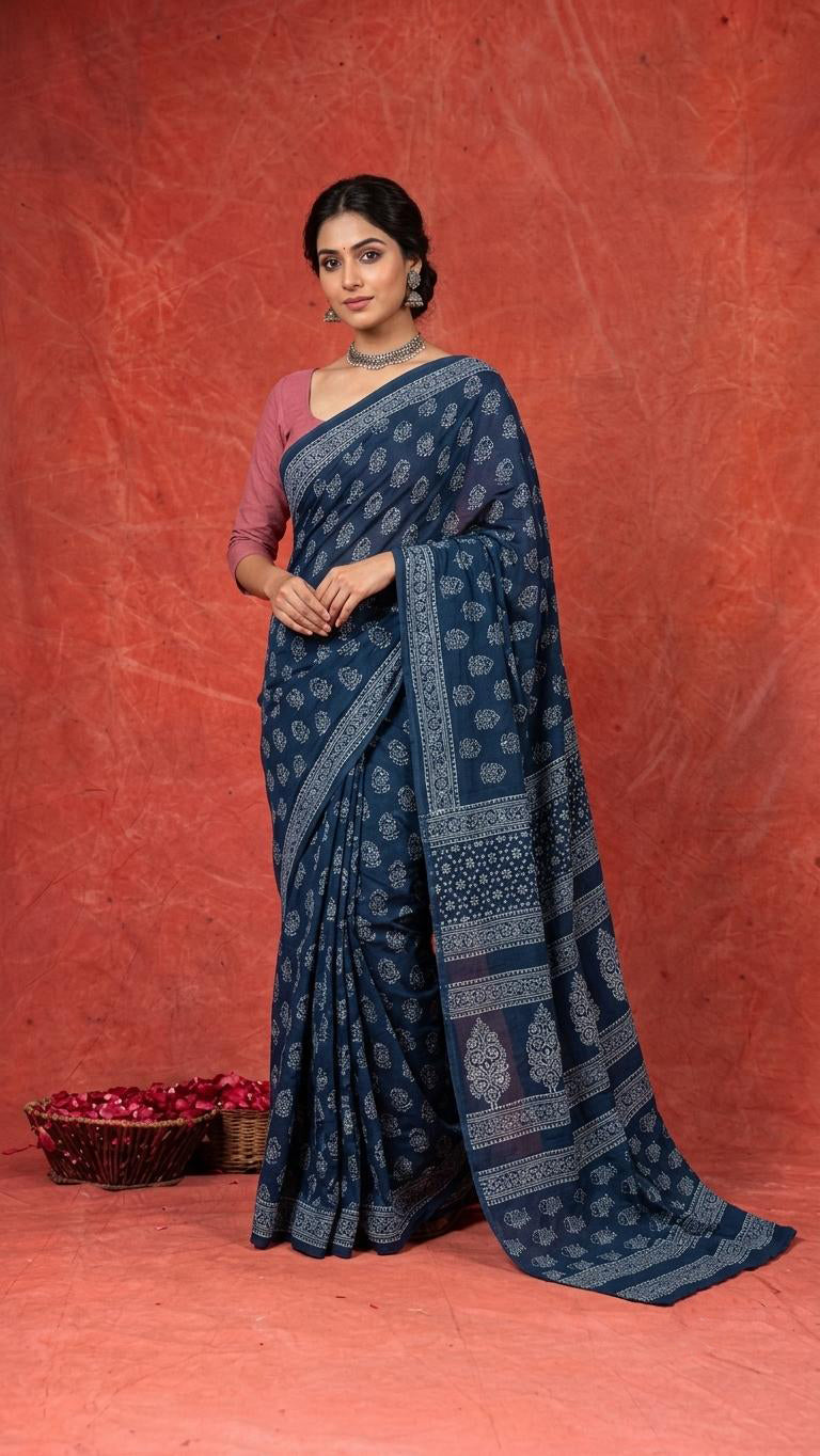Indigo Fish Mirror Block Print Saree