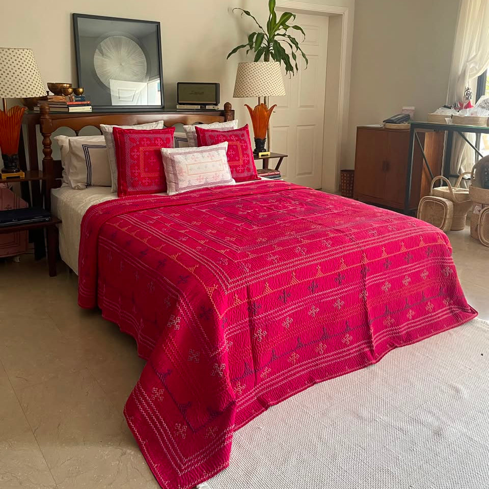 Hot Pink J Rilli King Size Rilli Quilt • Saami Tradition • Hand-Embroidered • Pure Cotton