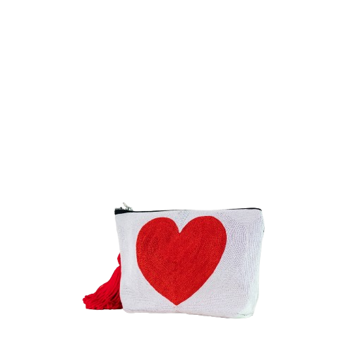 White & Red Heart Zip Bag