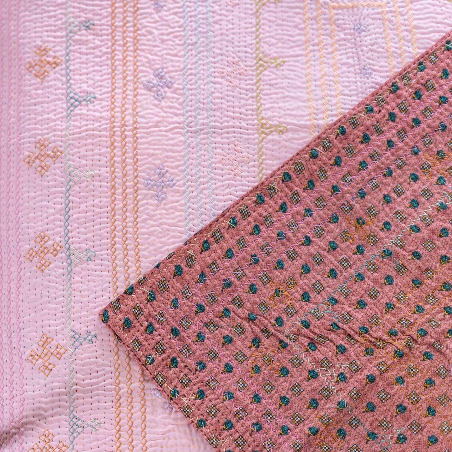 Baby Pink J Rilli Quilt – Soft Pink • Saami Tradition • Hand-Embroidered • Pure Cotton