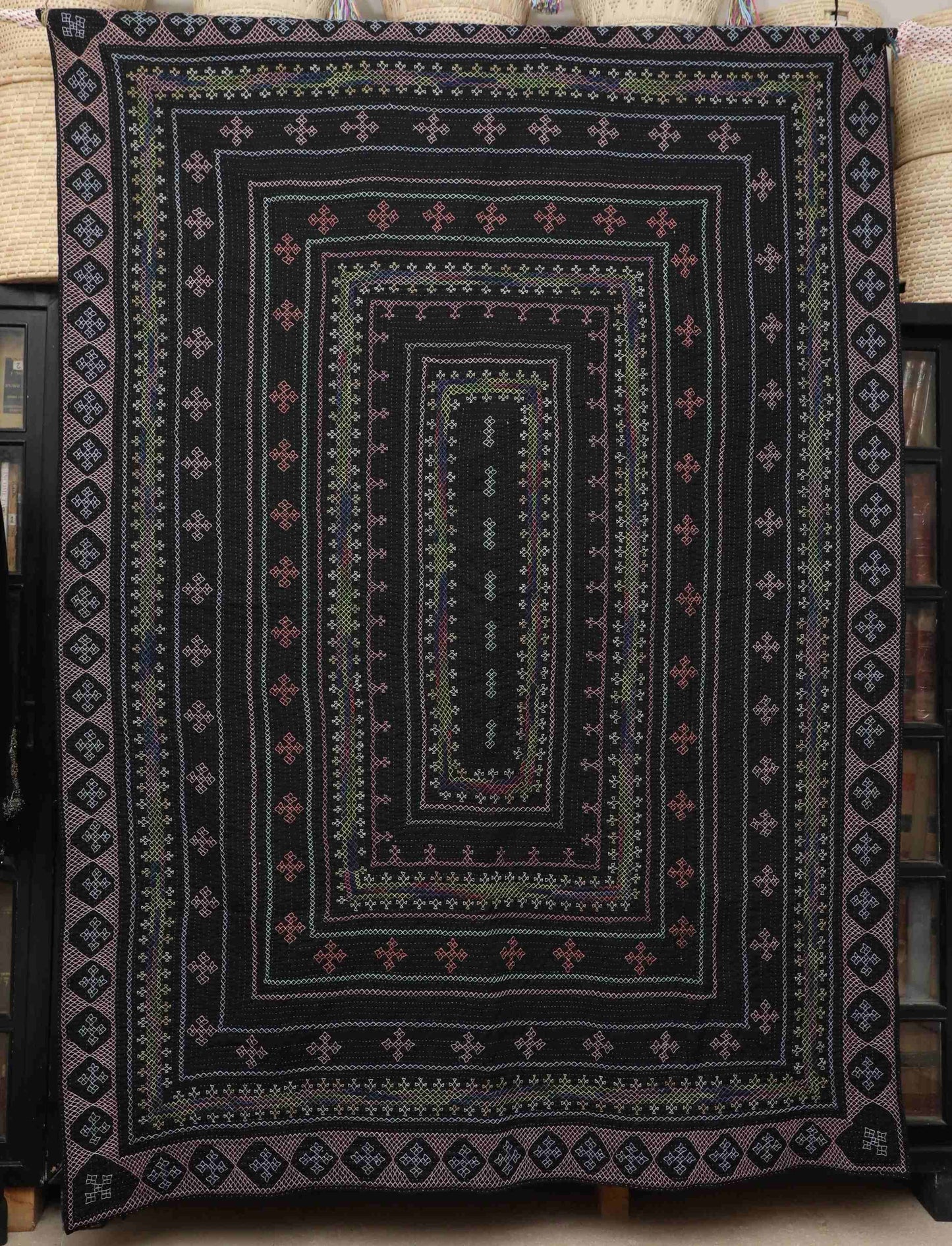 Black Sage Twin Ralli Quilt – Saami Tradition • Hand- Embroidered • Pure Cotton