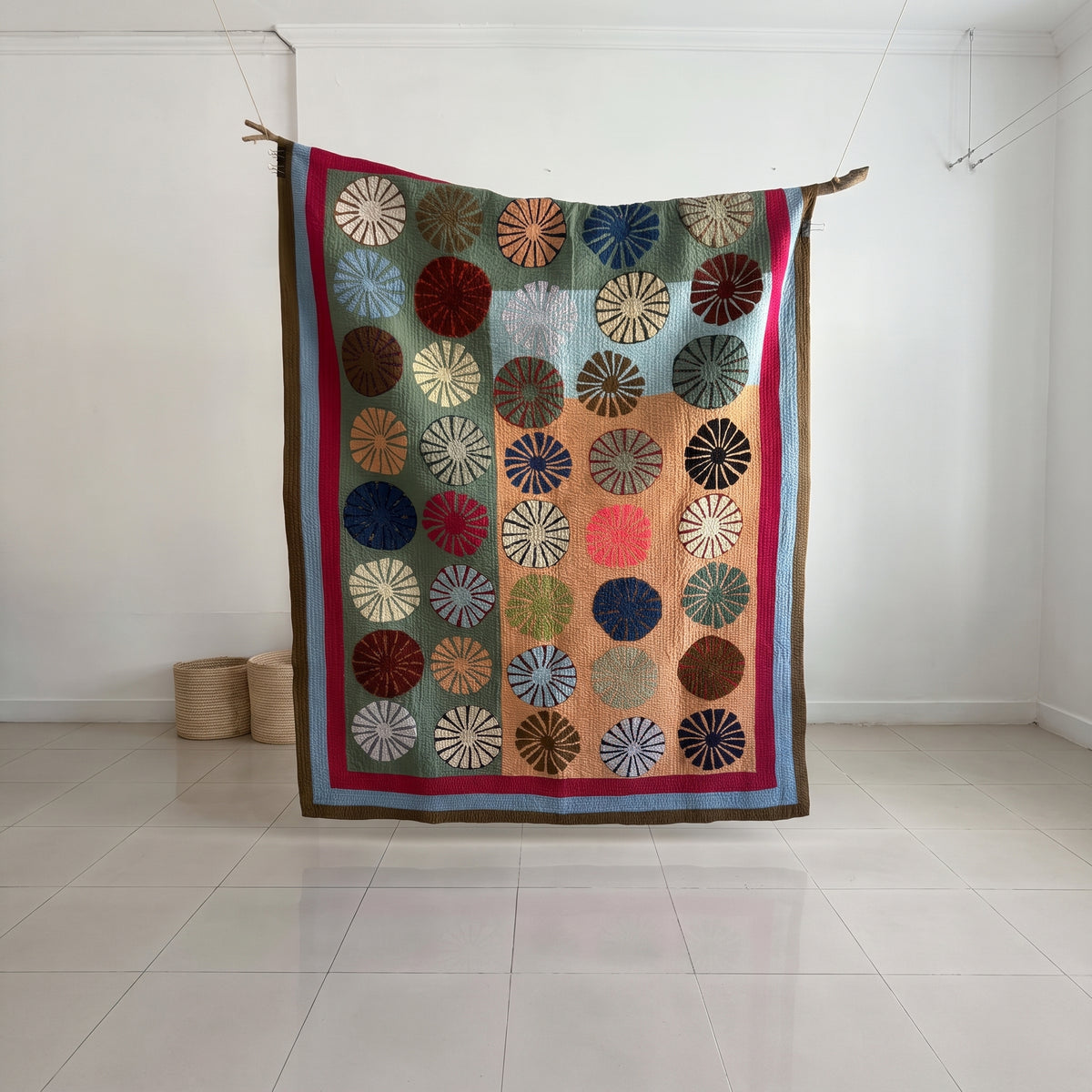 Olive Meadow Sunburst Handmade Appliqué Sindhi Ralli Quilt