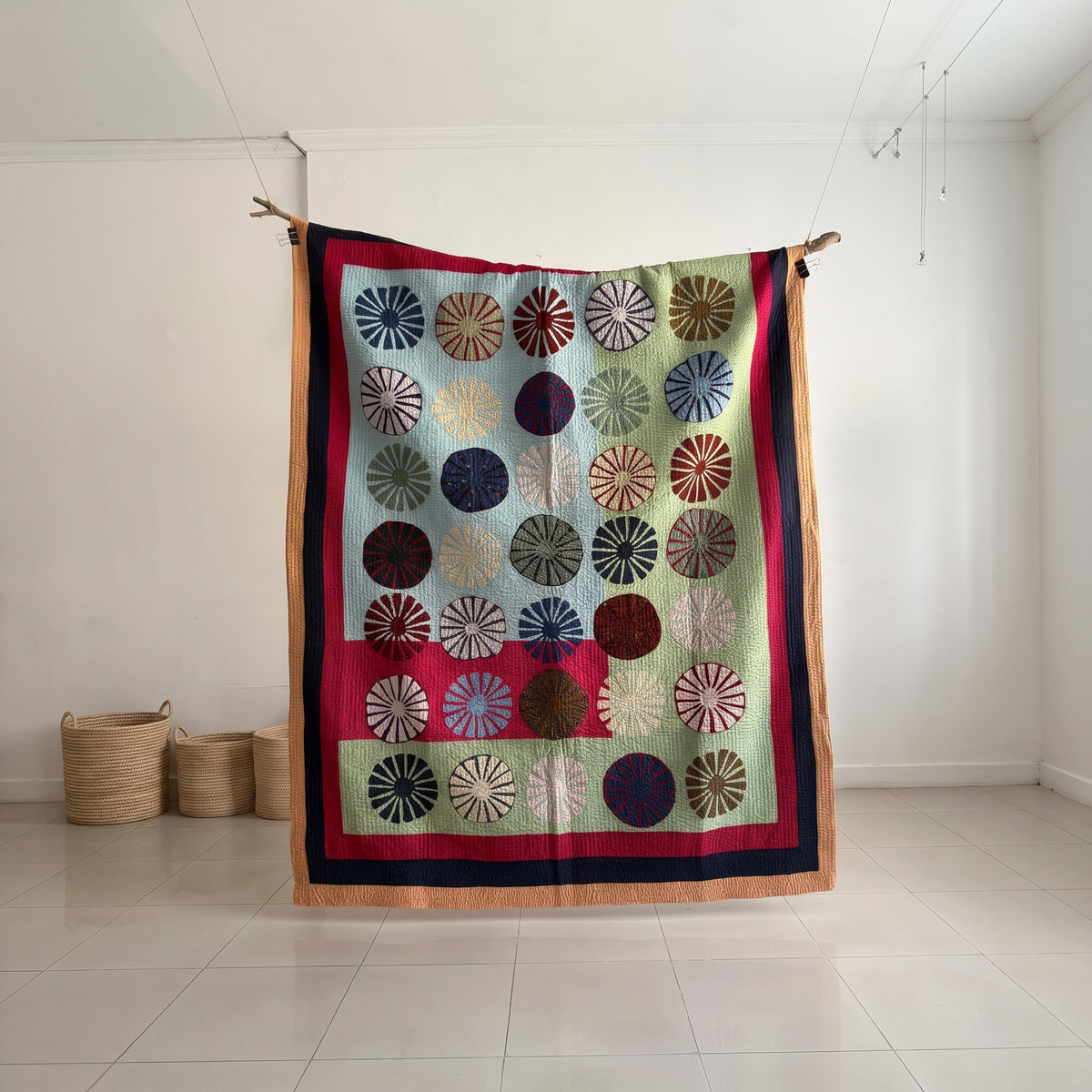 Pistachio and Sky Sunburst Handmade Appliqué Sindhi Ralli Quilt