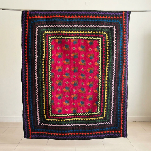 Hot Pink Floral & Colorful Sawtooth Patchwork Throw - Handmade Cotton Rilli Quilt