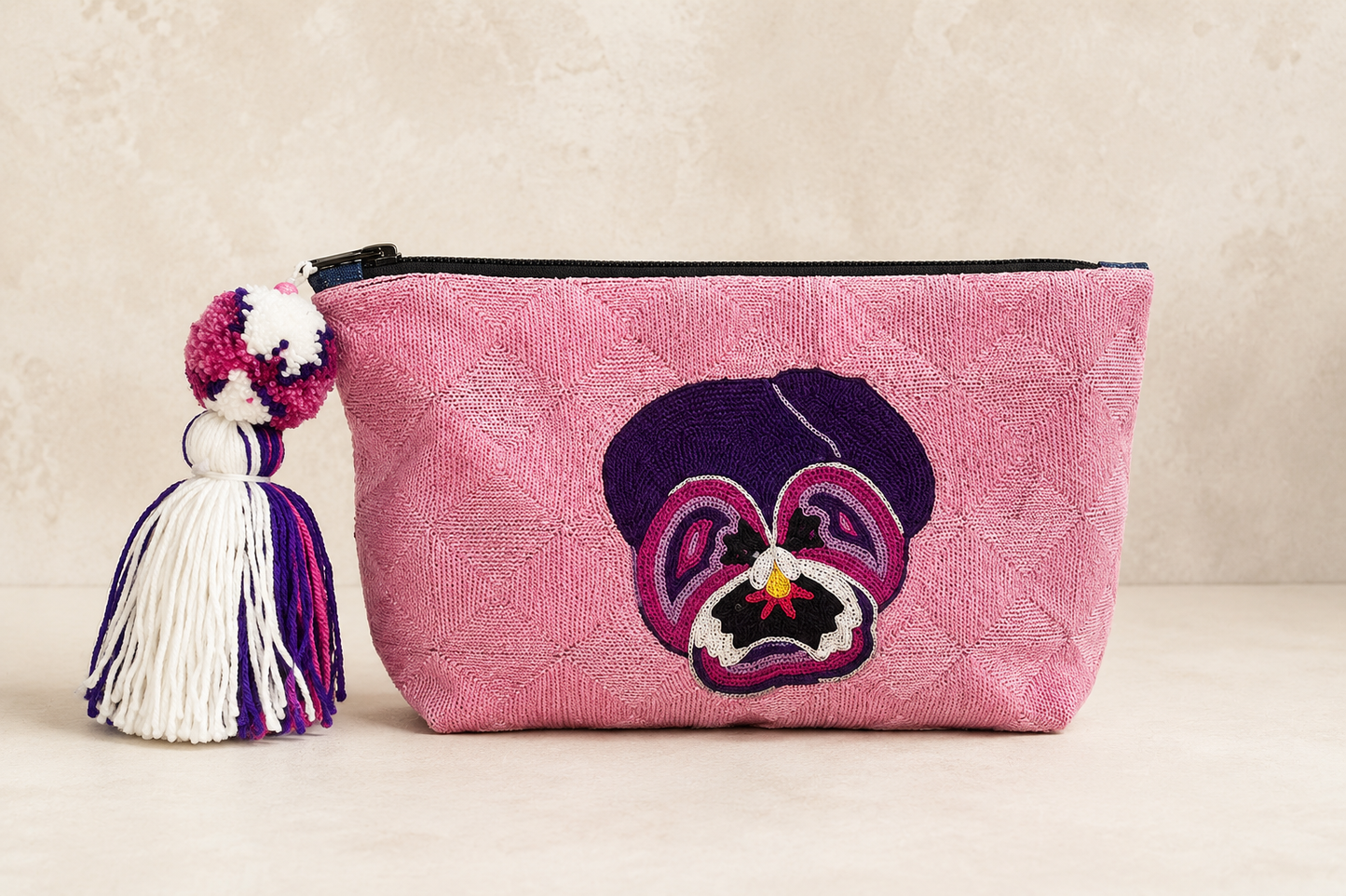 Blush Pansy Hand-Embroidered RC Bag | Handmade Artisan Pouch