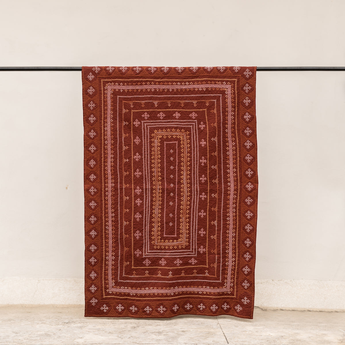 Chocolate Truffle Sage Rilli Throw Quilt – Saami Tradition • Hand- Embroidered • Pure Cotton