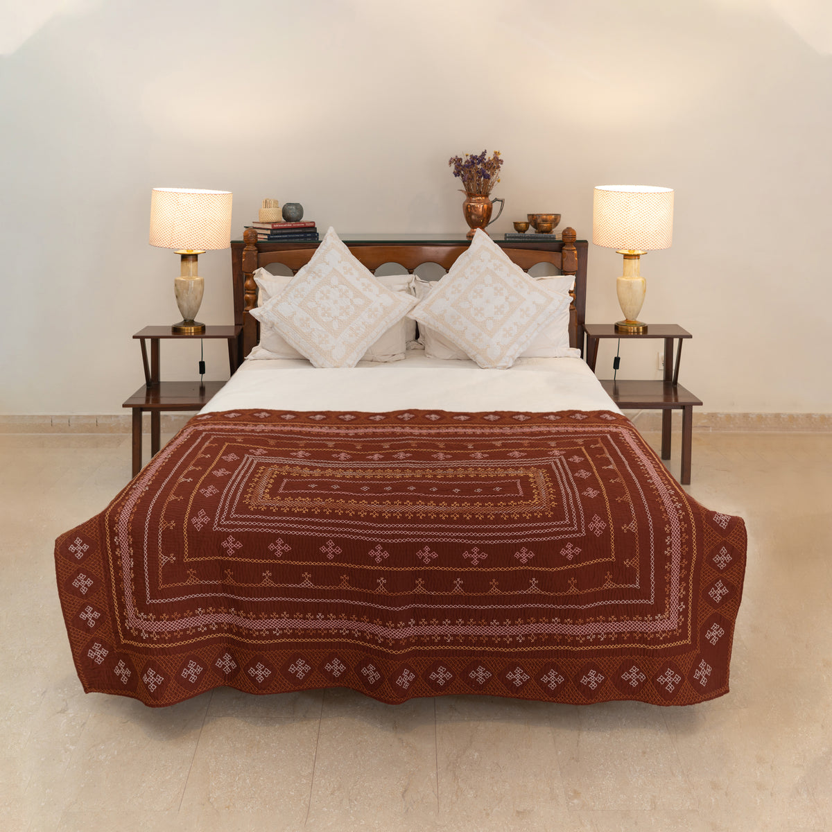 Chocolate Truffle Sage Rilli Throw Quilt – Saami Tradition • Hand- Embroidered • Pure Cotton
