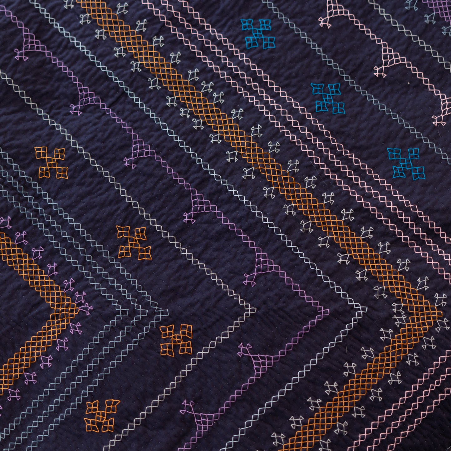 Navy Blue Sage Twin Ralli Quilt – Saami Tradition • Hand- Embroidered • Pure Cotton