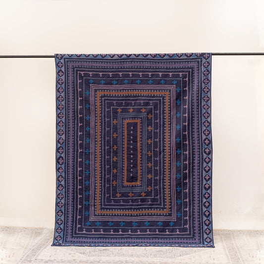 Navy Blue Sage Twin Ralli Quilt – Saami Tradition • Hand- Embroidered • Pure Cotton