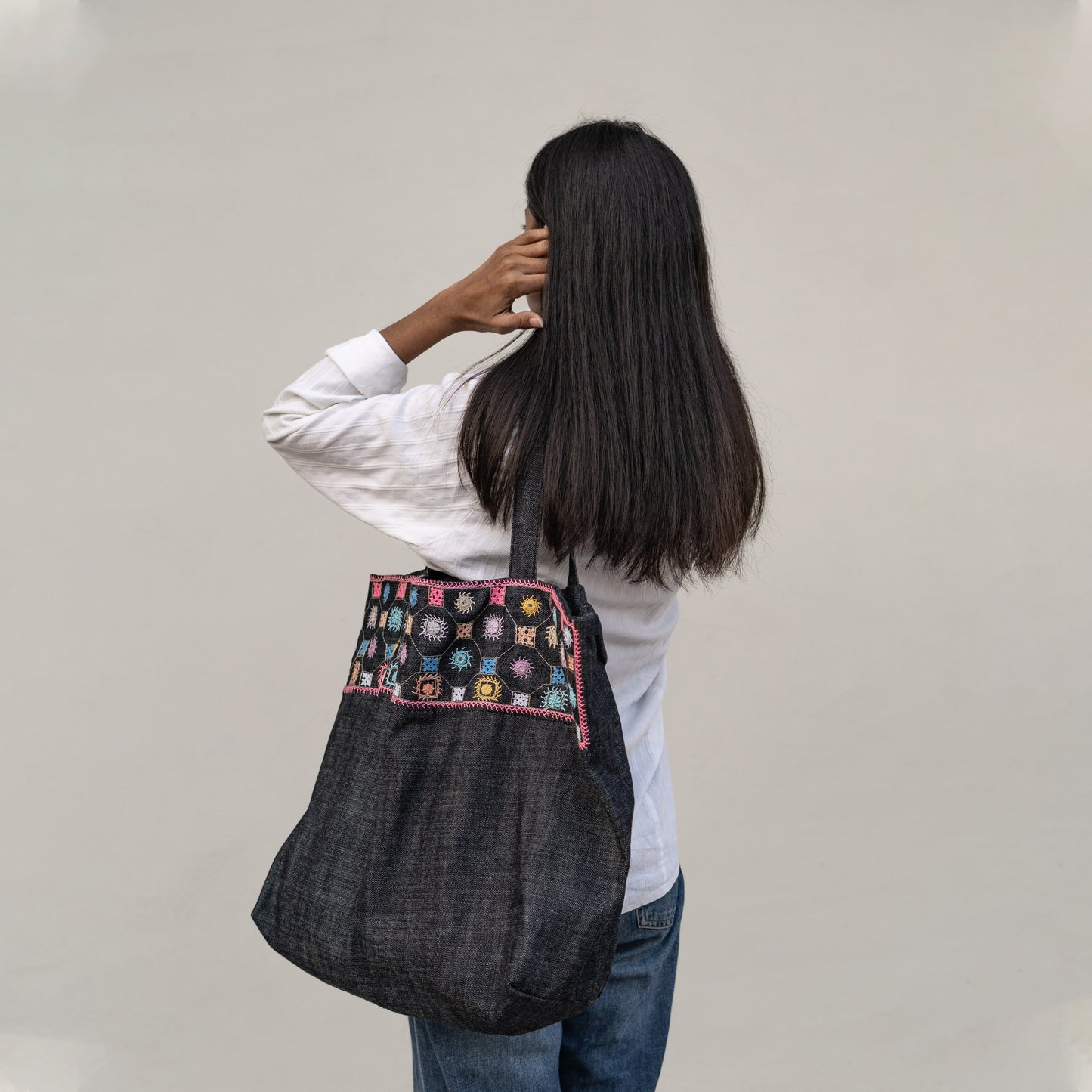 Hand-Embroidered Denim Tote Bags