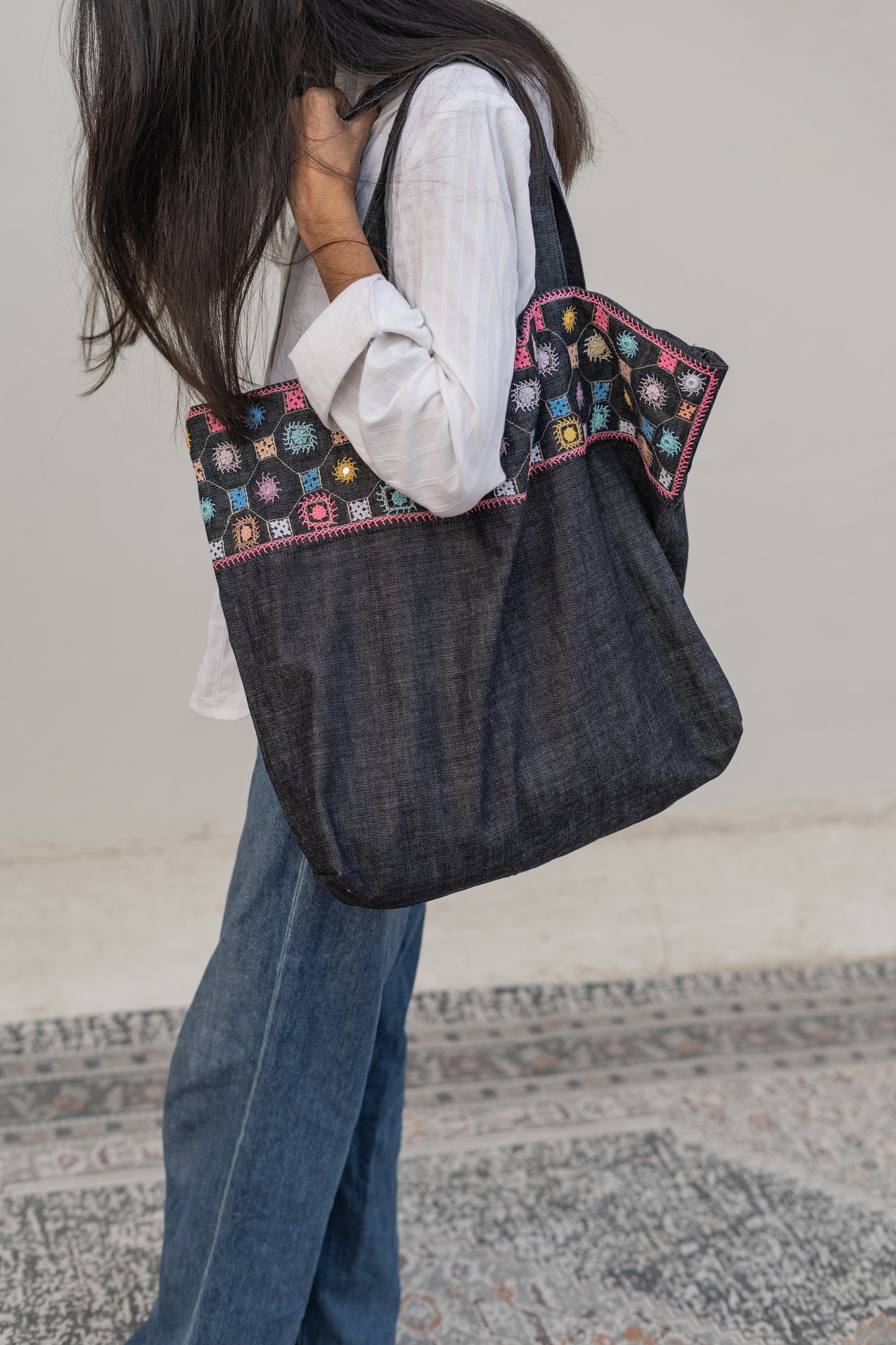 Hand-Embroidered Denim Tote Bags