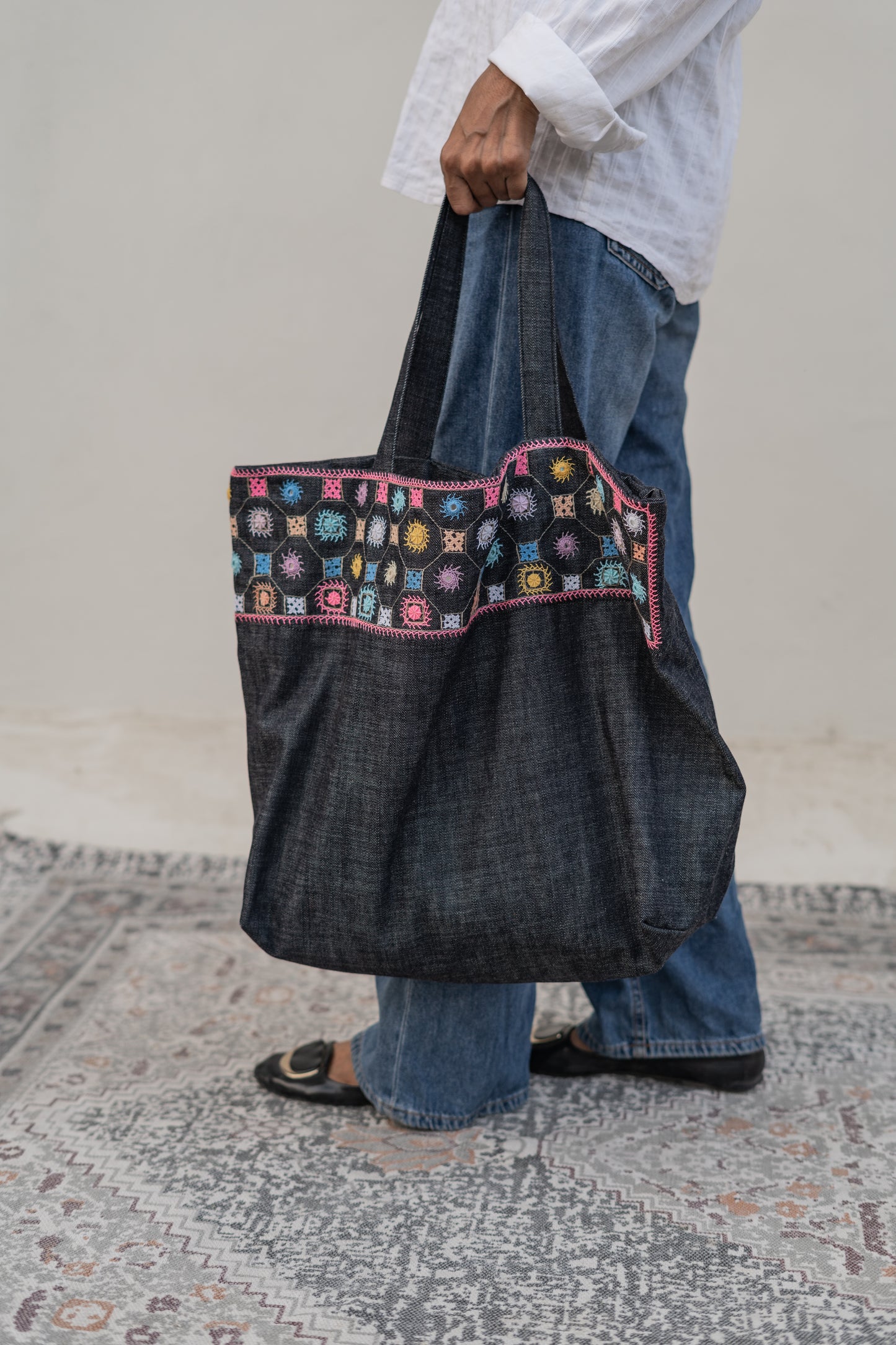 Hand-Embroidered Denim Tote Bags