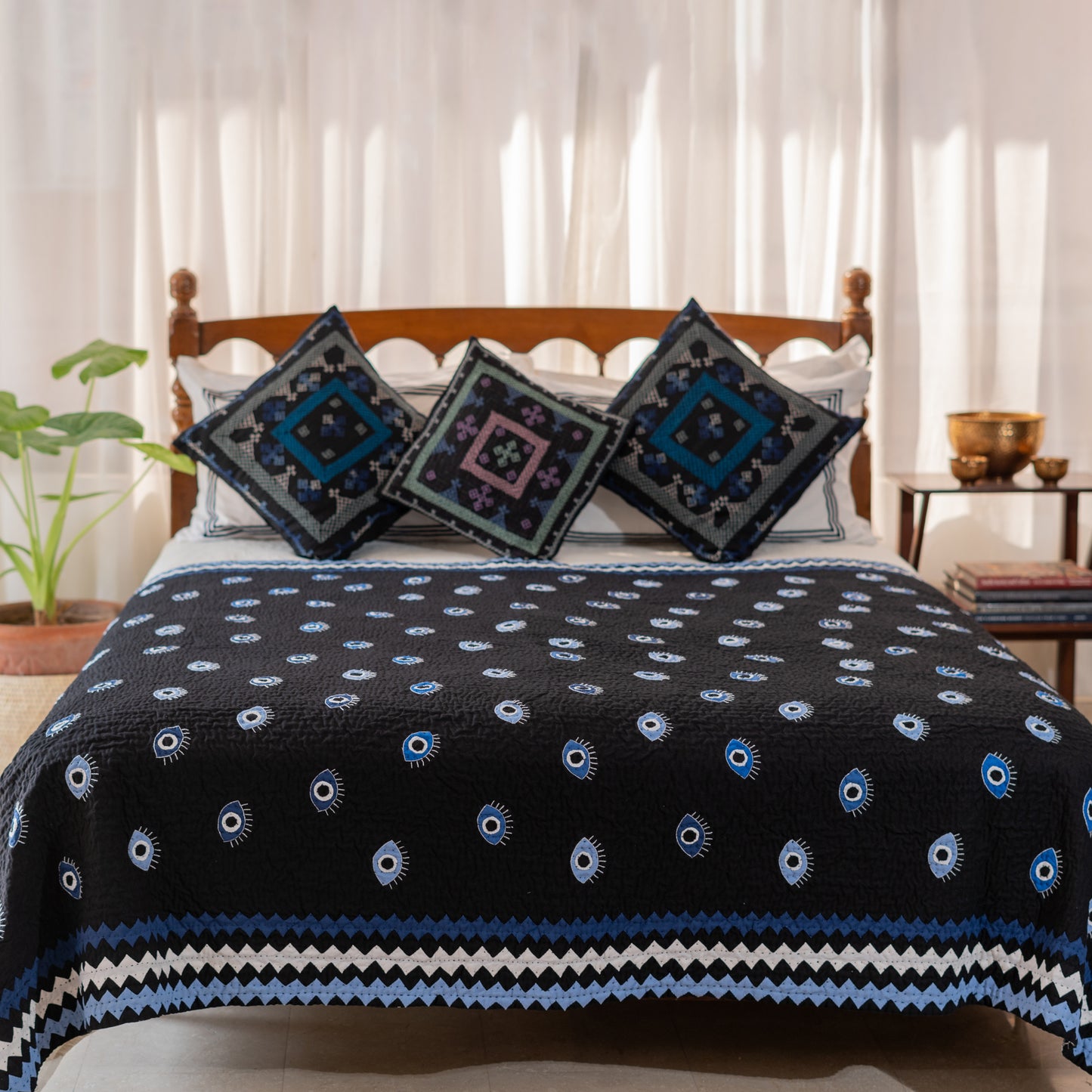 Appliqué Black Evil Eye Ralli Quilt – Handcrafted • Heritage Stitching • Museum-Quality Textile Art
