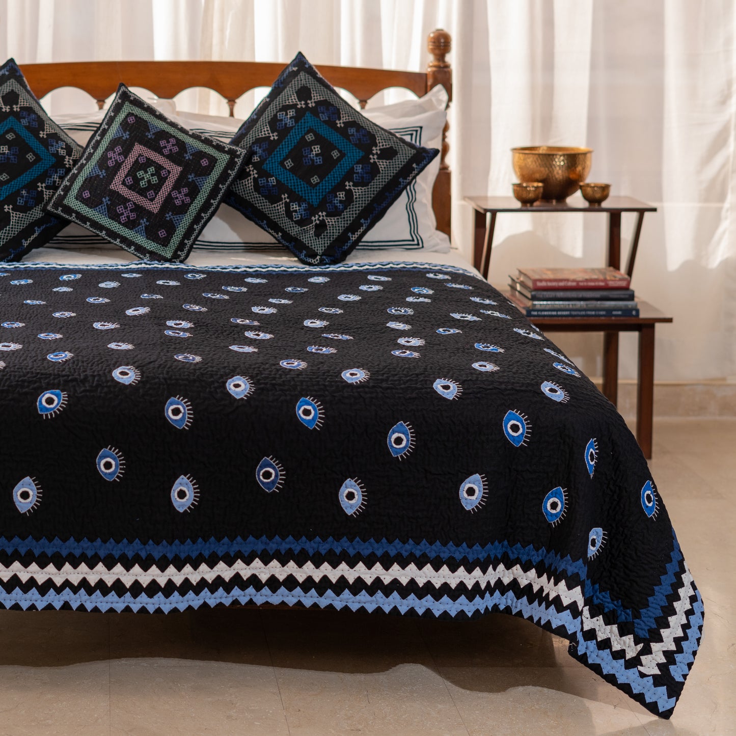 Appliqué Black Evil Eye Ralli Quilt – Handcrafted • Heritage Stitching • Museum-Quality Textile Art