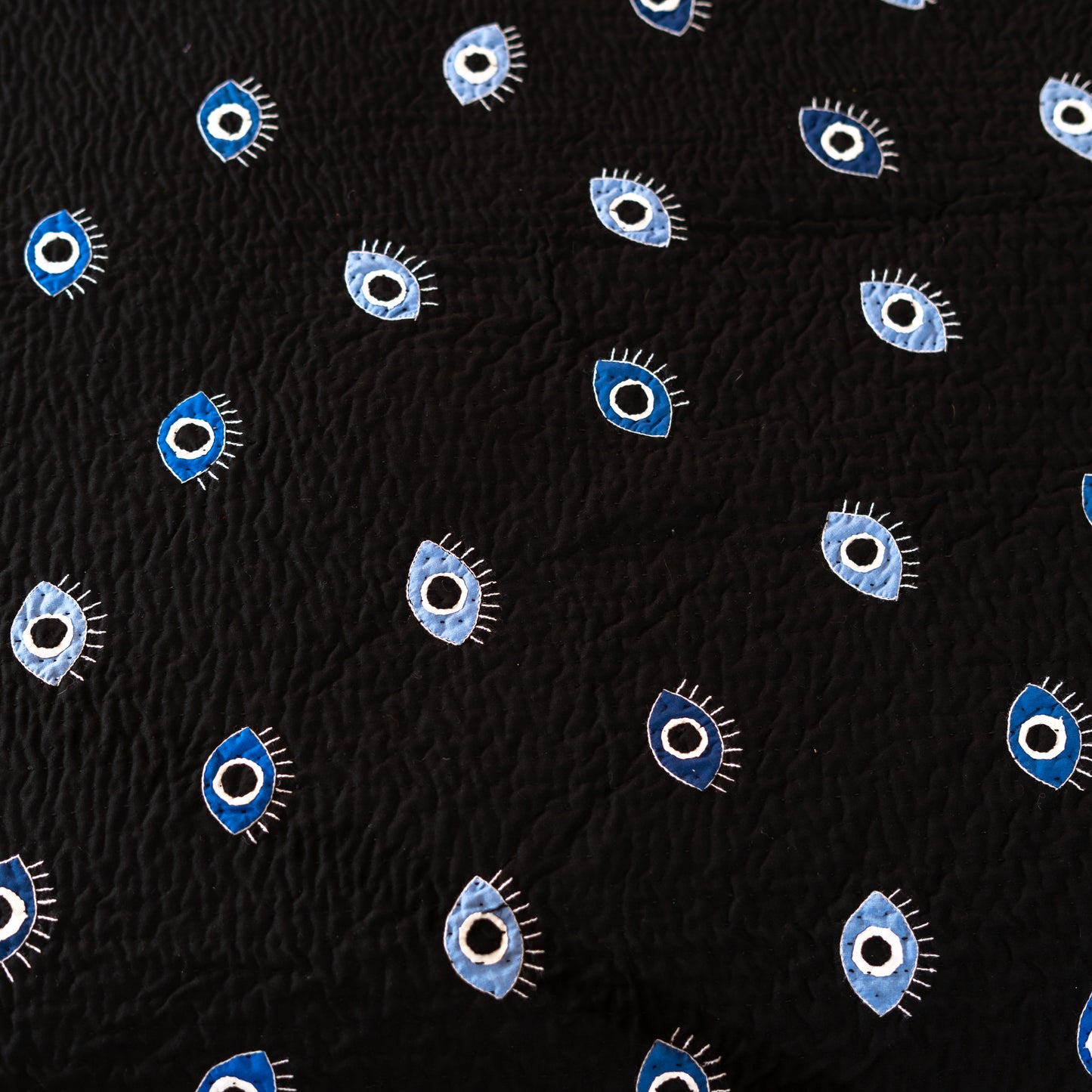 Appliqué Black Evil Eye Ralli Quilt – Handcrafted • Heritage Stitching • Museum-Quality Textile Art