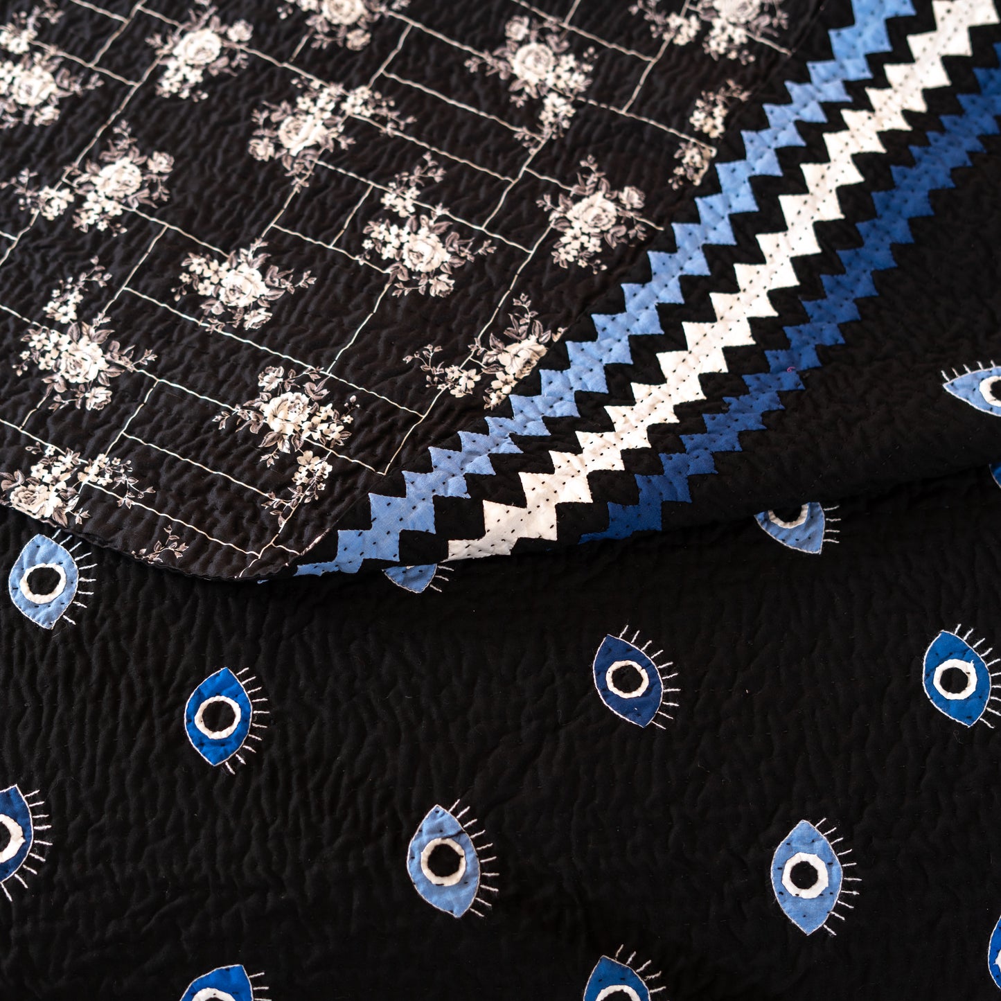 Appliqué Black Evil Eye Ralli Quilt – Handcrafted • Heritage Stitching • Museum-Quality Textile Art