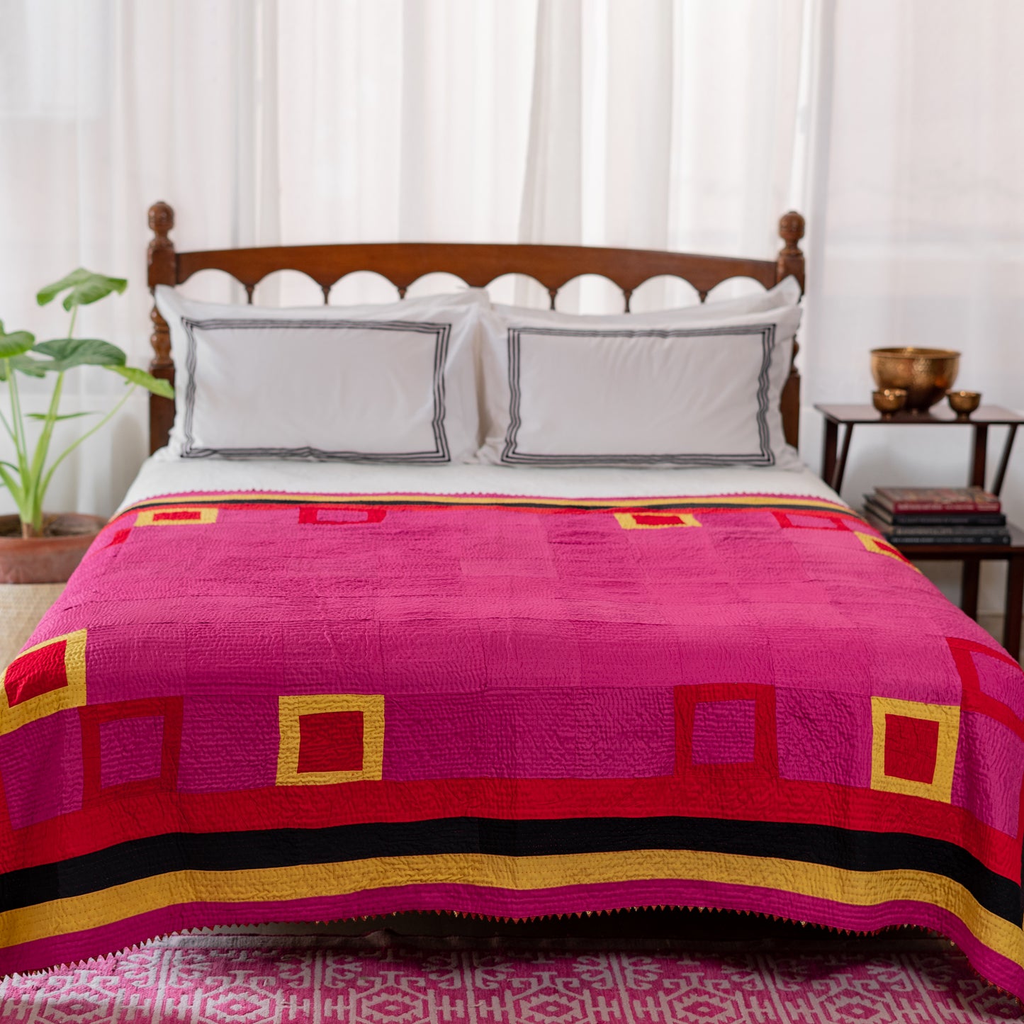 Modern Art Hot Pink Patchwork Rilli Quilt  – Handmade • Pure Cotton • Heritage Craft from Sindh