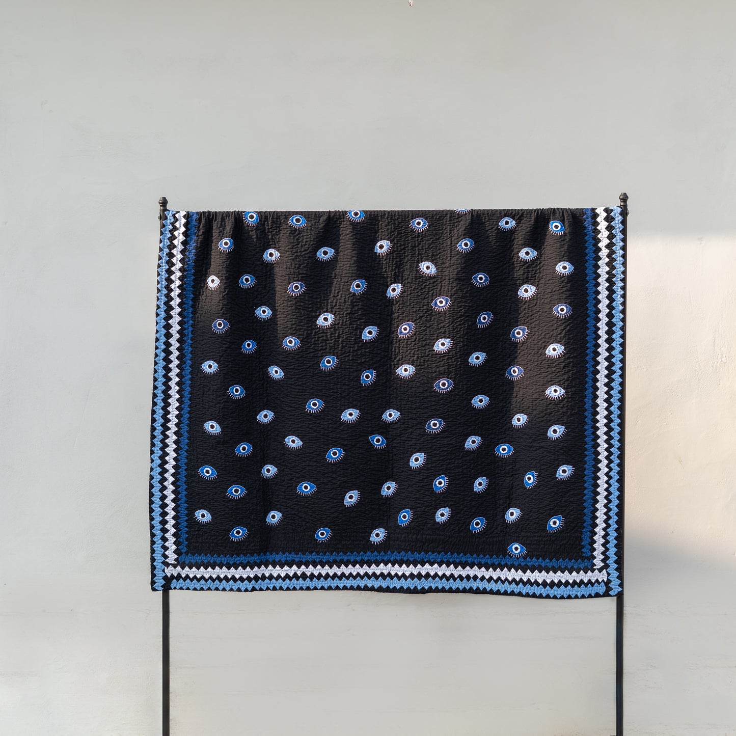 Appliqué Black Evil Eye Ralli Quilt – Handcrafted • Heritage Stitching • Museum-Quality Textile Art