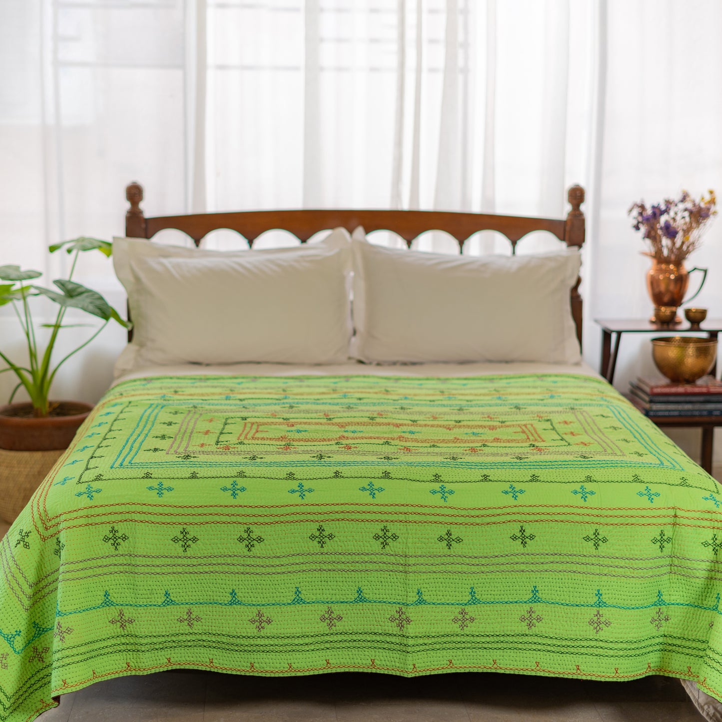Neon Green J  Rilli Quilt Twin• Saami Tradition • Hand-Embroidered • Pure Cotton