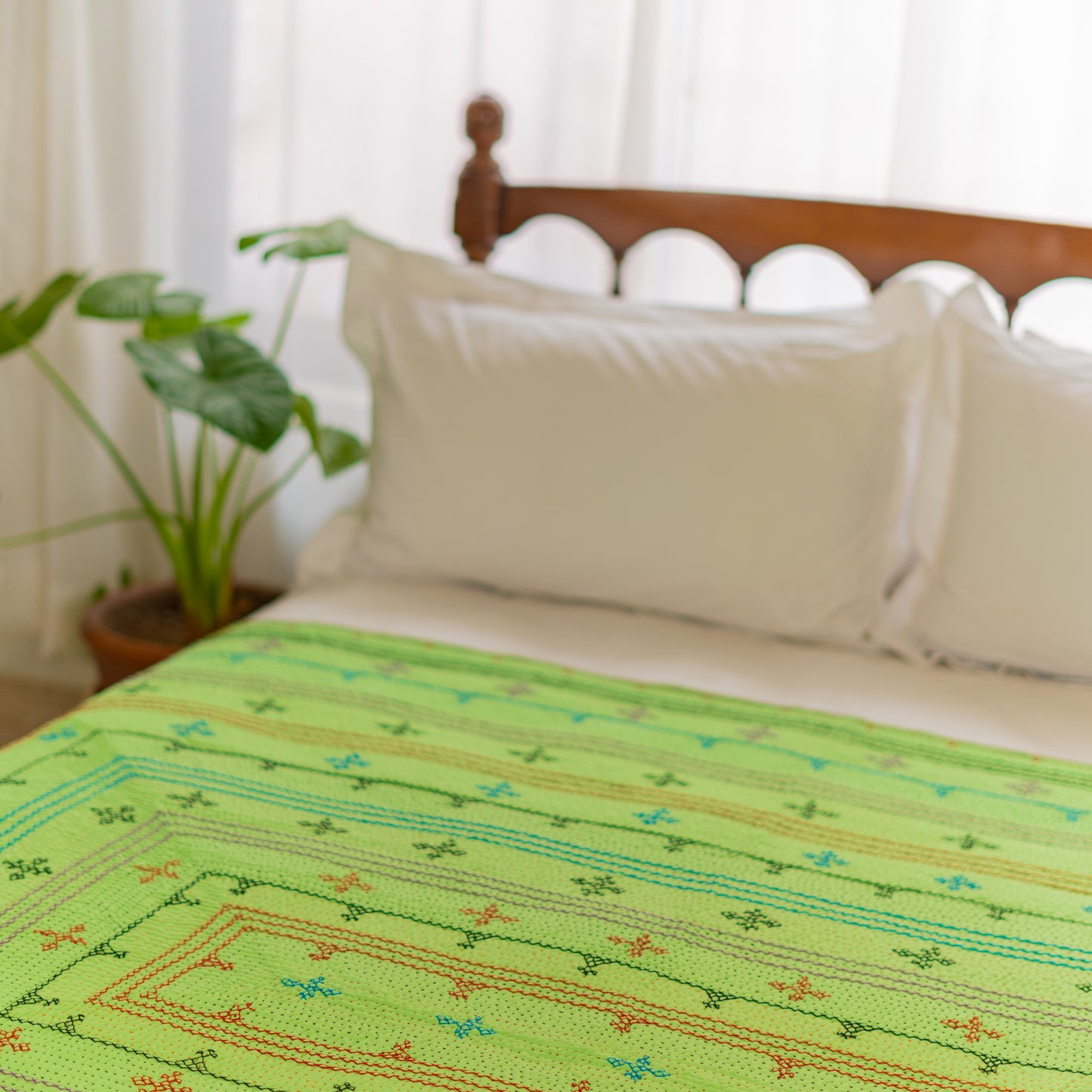 Neon Green J  Rilli Quilt Twin• Saami Tradition • Hand-Embroidered • Pure Cotton