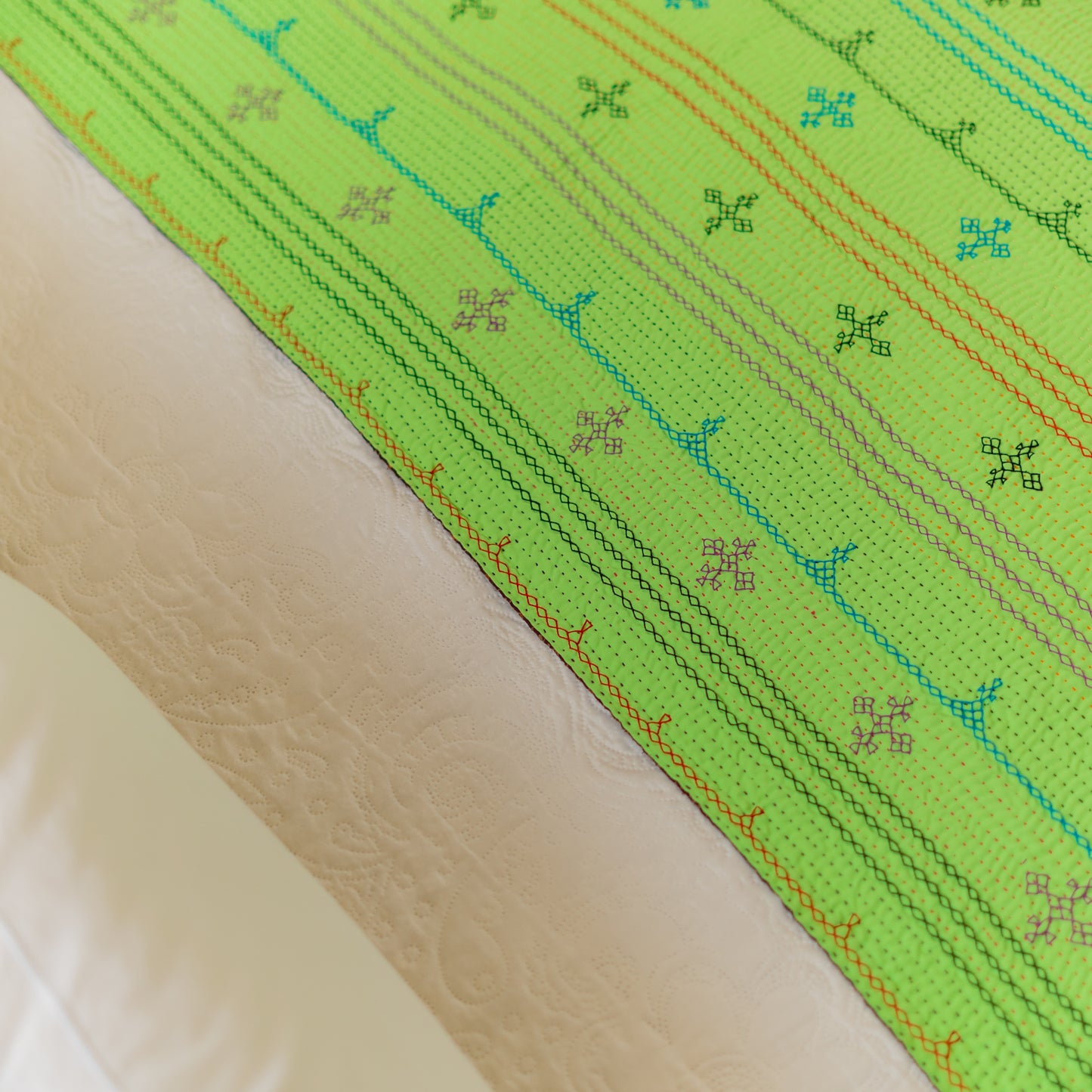 Neon Green J  Rilli Quilt Twin• Saami Tradition • Hand-Embroidered • Pure Cotton