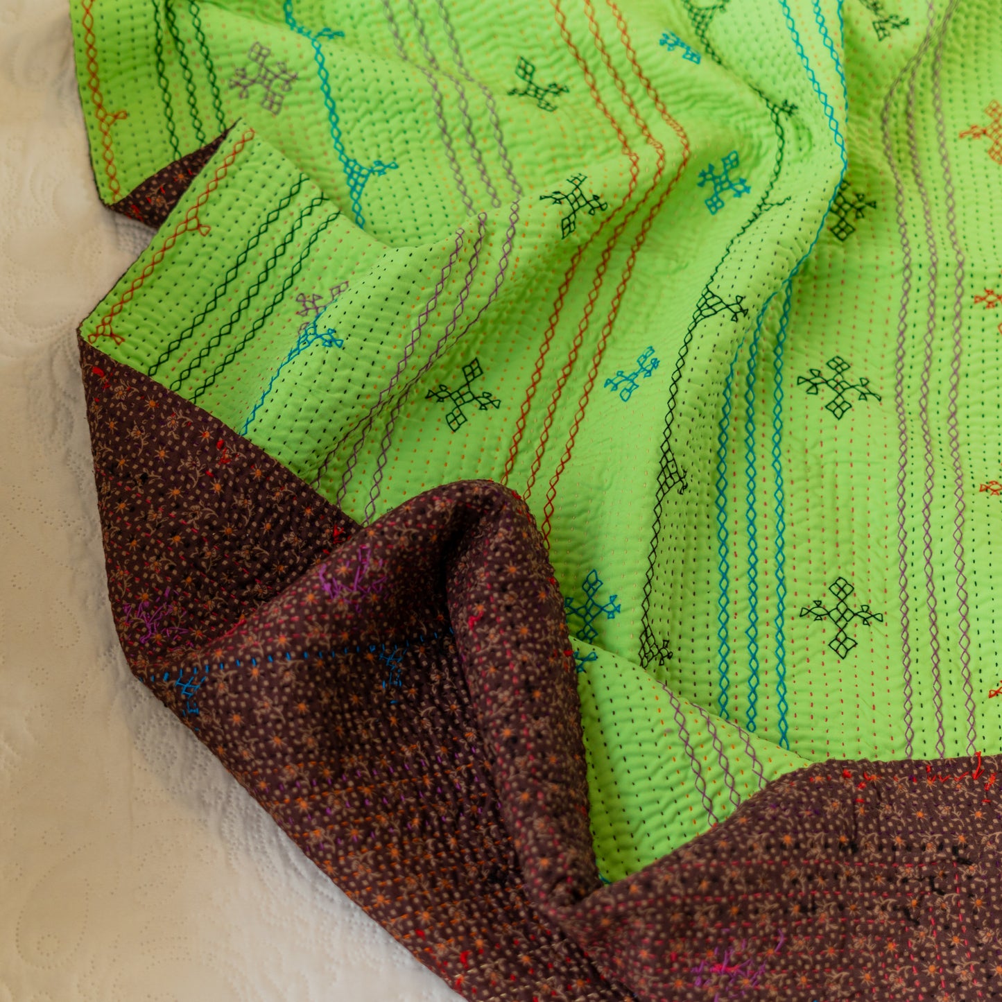 Neon Green J  Rilli Quilt Twin• Saami Tradition • Hand-Embroidered • Pure Cotton