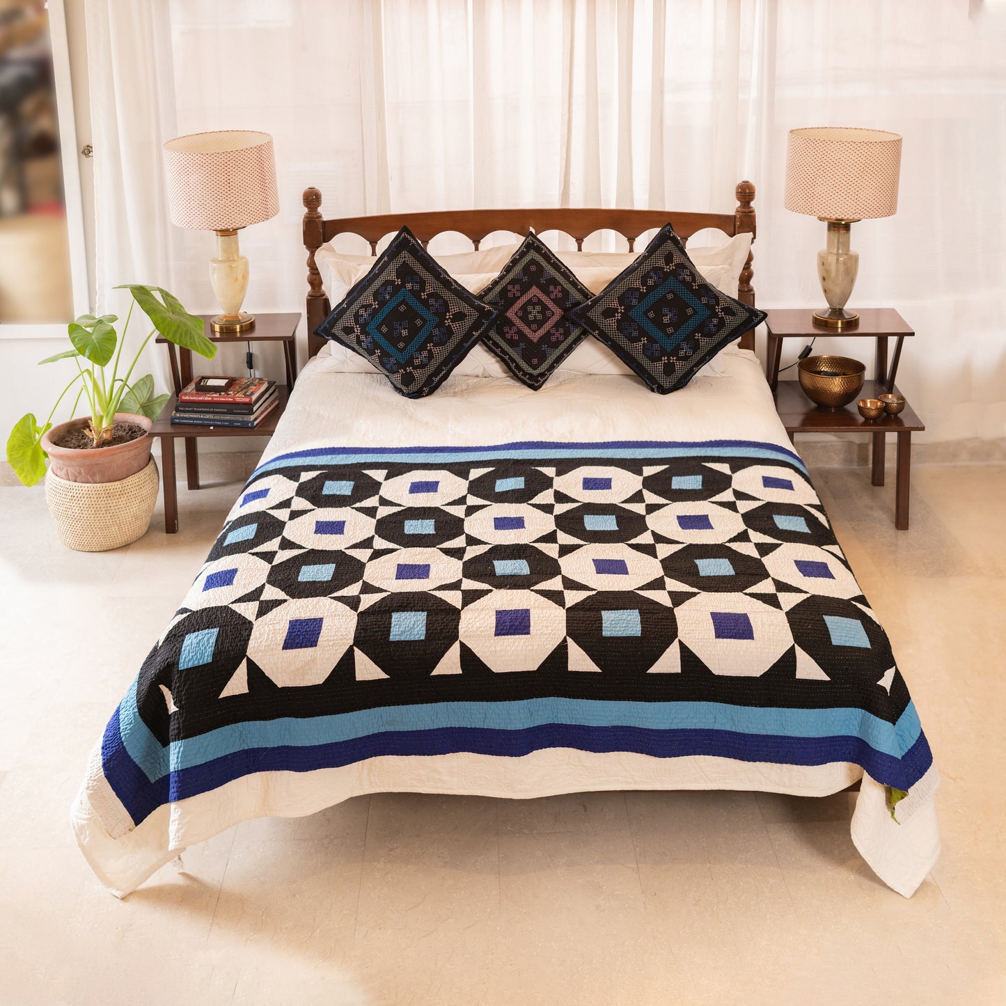 Navy Quadrille Patchwork Sindhi Ralli Throw – Handmade - Pure Cotton - Heritage Craft from Sindh