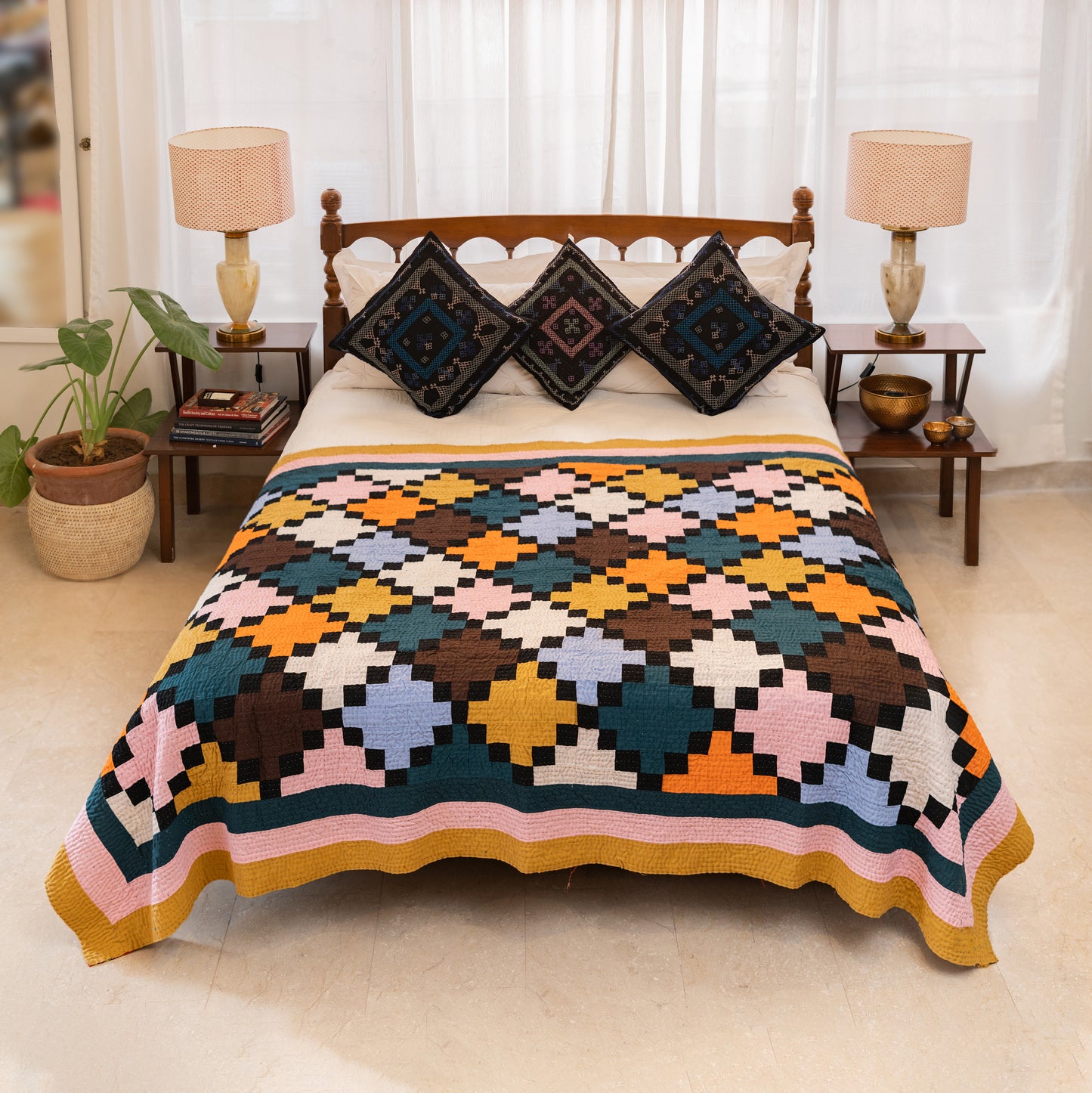 Golden Mosaic – Reversible Handmade Patchwork Ralli Throw