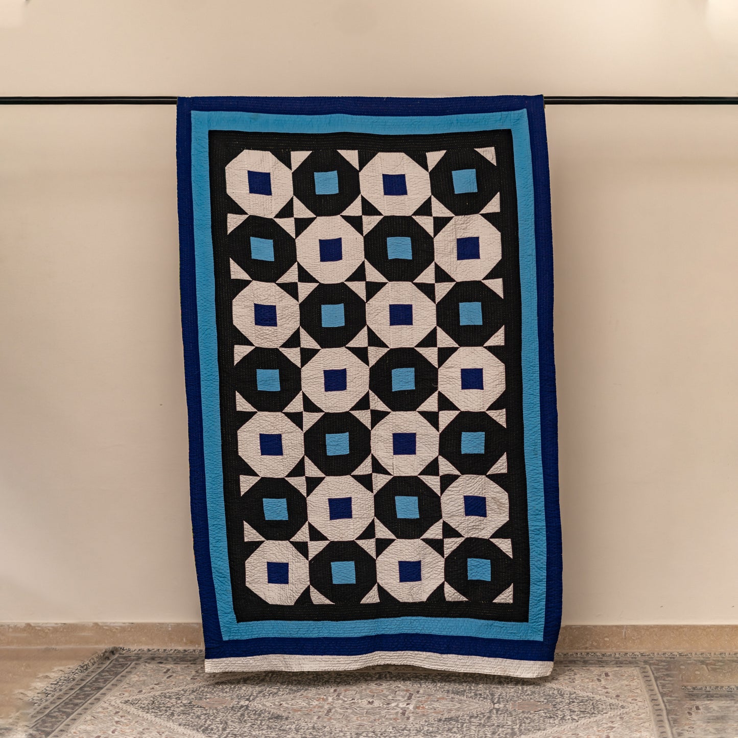 Navy Quadrille Patchwork Sindhi Ralli Throw – Handmade - Pure Cotton - Heritage Craft from Sindh