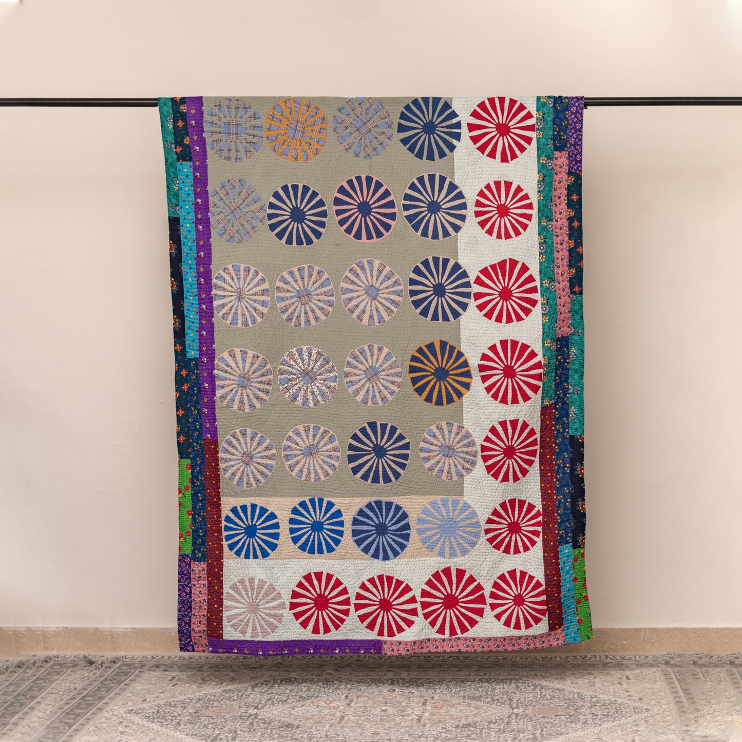 Sunburst Courtyard – Appliqué Sindhi Ralli Quilt – Handmade • Pure Cotton • Heritage Craft from Sindh