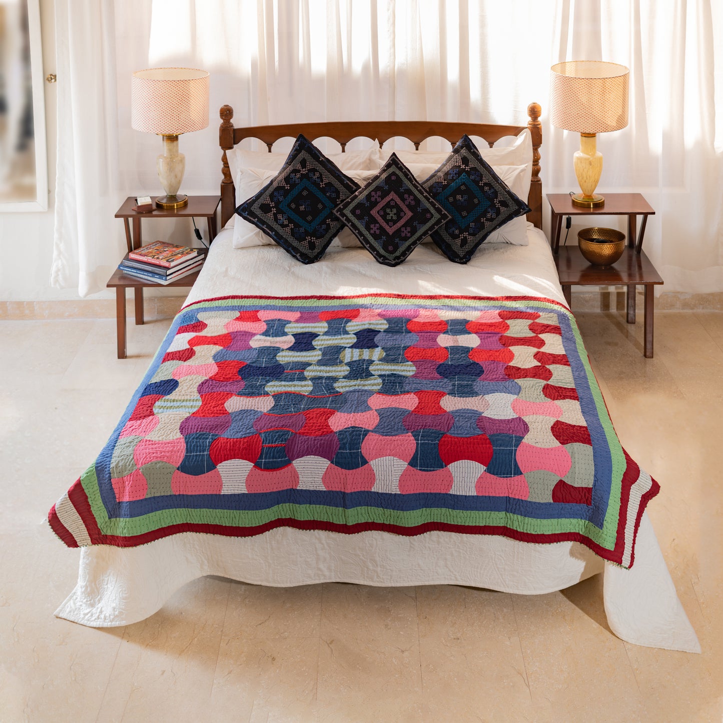 Harlequin Waves Multicolor Patchwork Rilli Quilt | Handmade, Cotton.