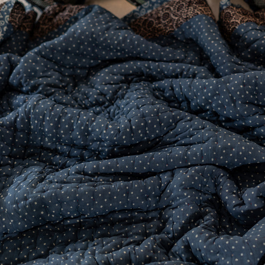 Indigo Polka-Dot with Dark Brown Ajrak Border Cotton Double Dulai Quilt